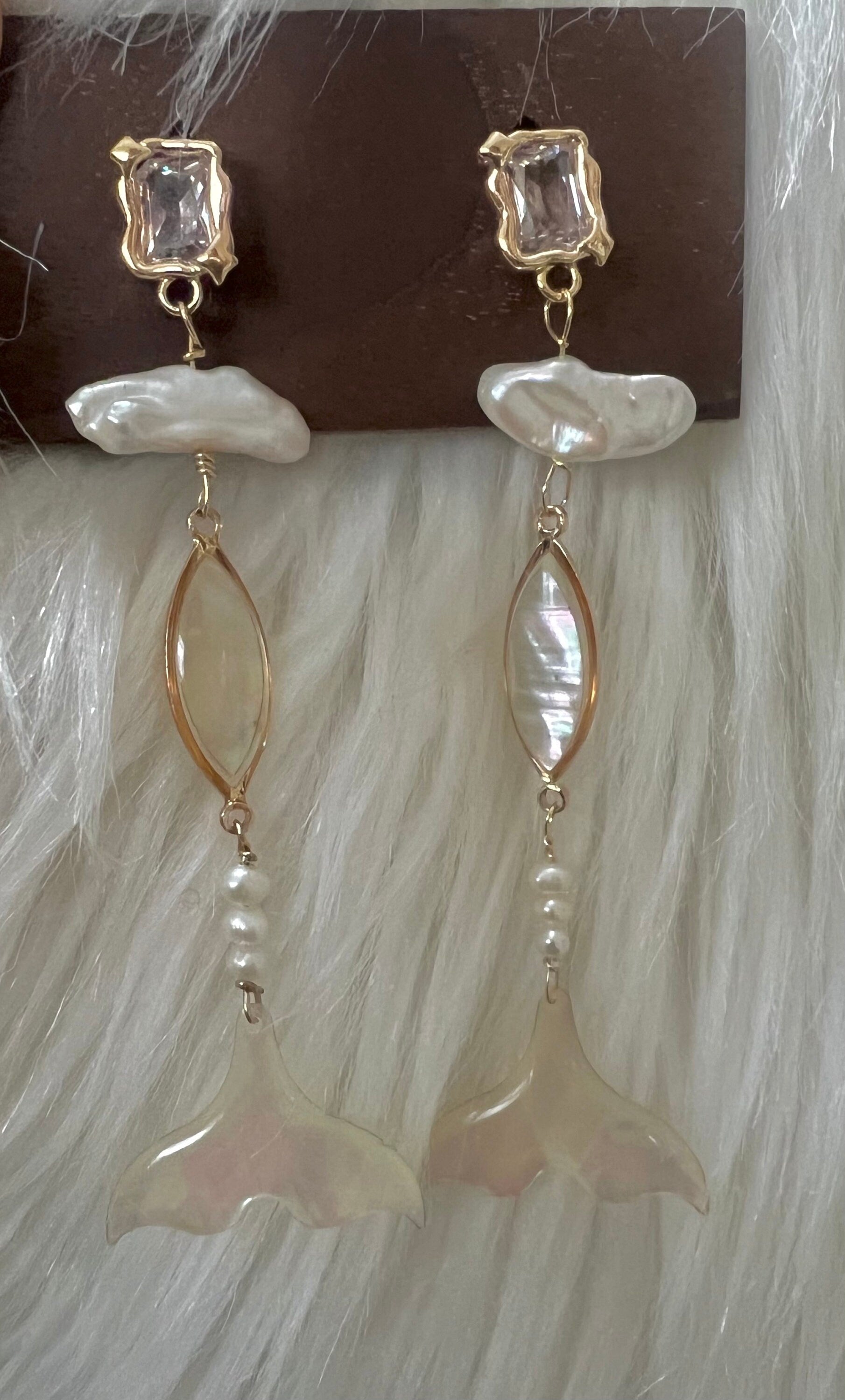 Genuine freshwater keshi pearl long dangle mermaid tail earrings. Bridal boho pearl earrings. Art deco pearl earrings.