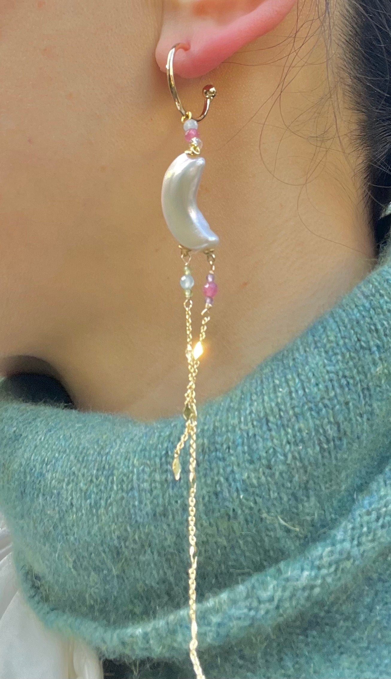 Art Deco Freshwater moon pearl dangle earrings. Delicate gemstones earring. Space earrings. Tassel elegant earrings. Gifts