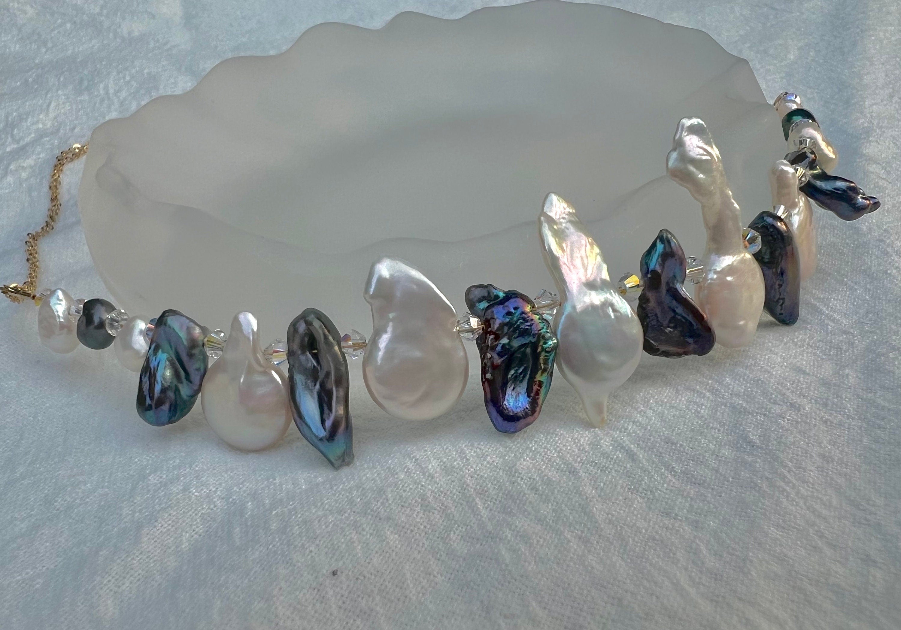 14K gold filled genuine multi-shape multi-color freshwater pearl necklaces.Pearl choker necklace. Peacock pearl necklace.