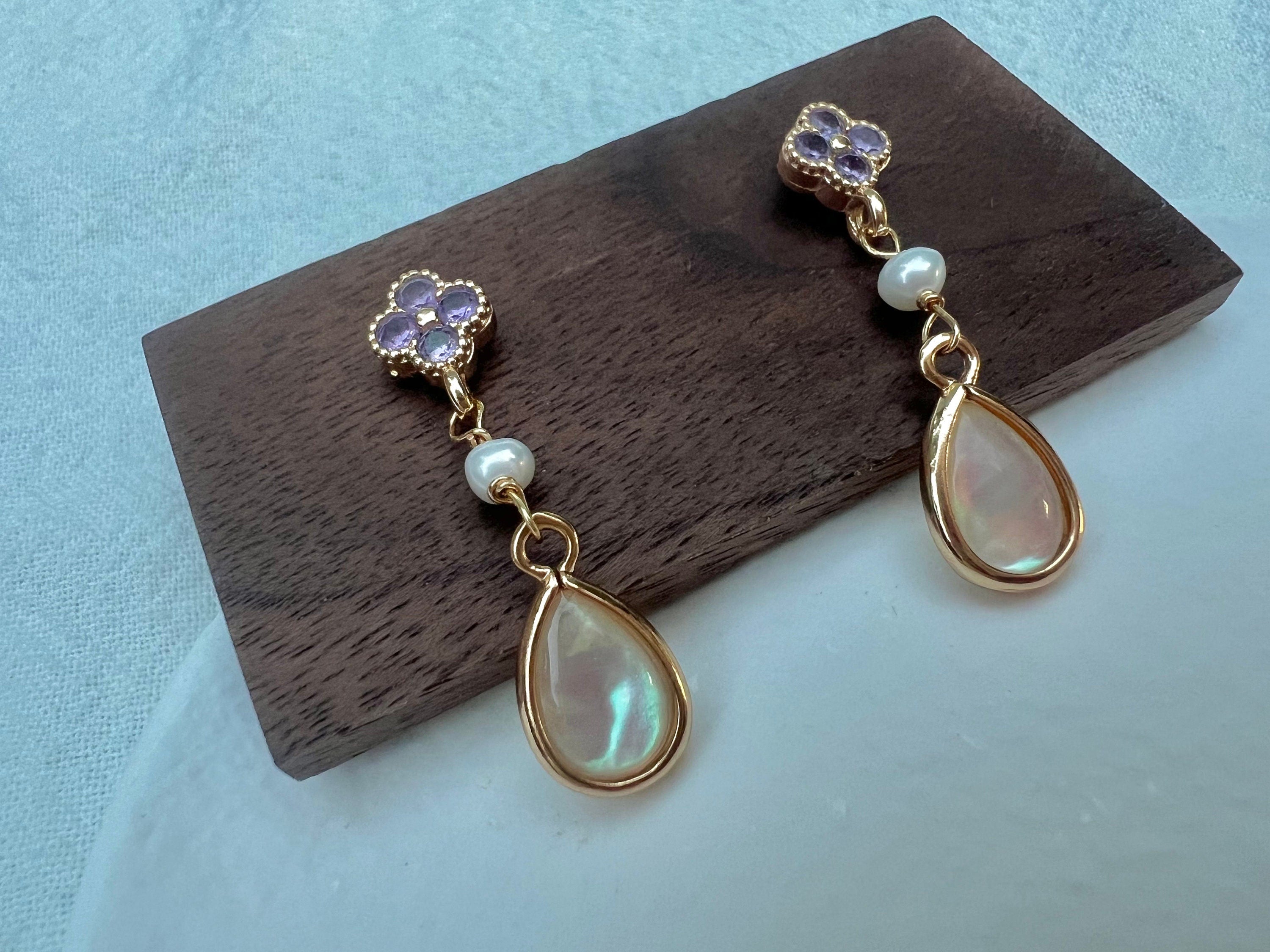 Genuine freshwater pearl teardrop shell clover earrings. Bridal boho CZ earrings. Art deco pearl earrings.