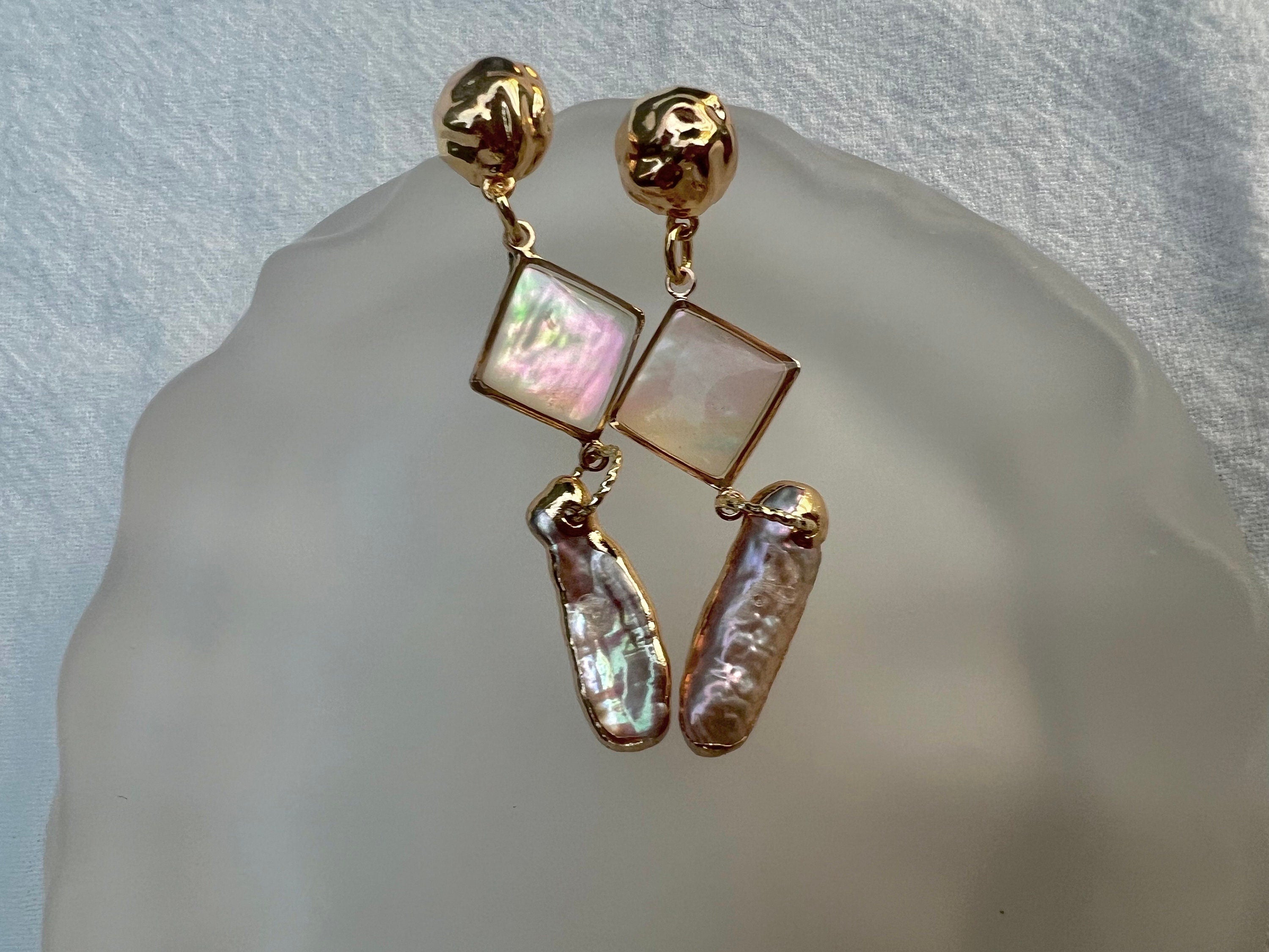 Genuine freshwater keshi pearl long dangle earrings. Bridal boho earrings. Art deco pearl earrings.