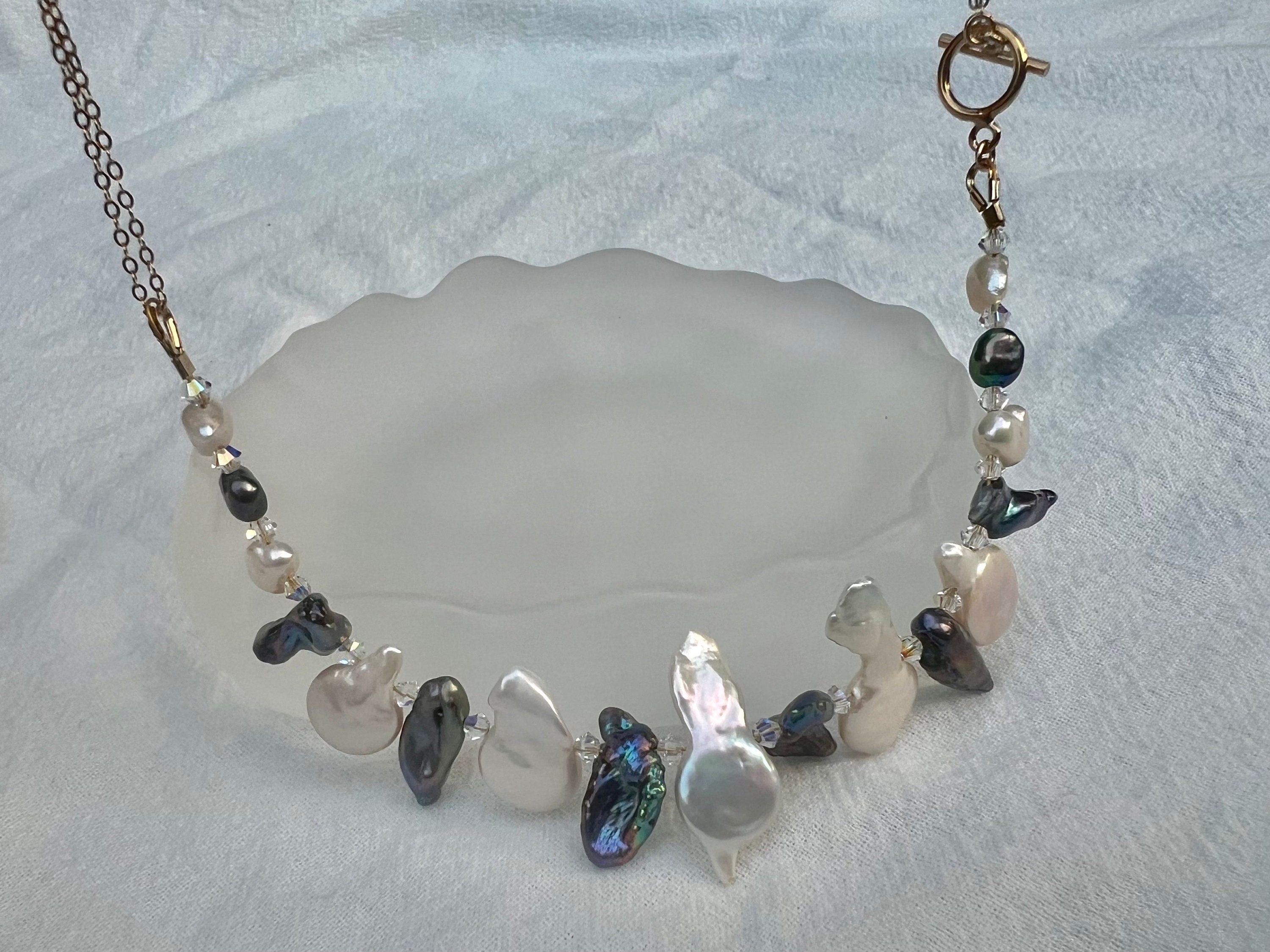14K gold filled genuine multi-shape multi-color freshwater pearl necklaces.Pearl choker necklace. Peacock pearl necklace.