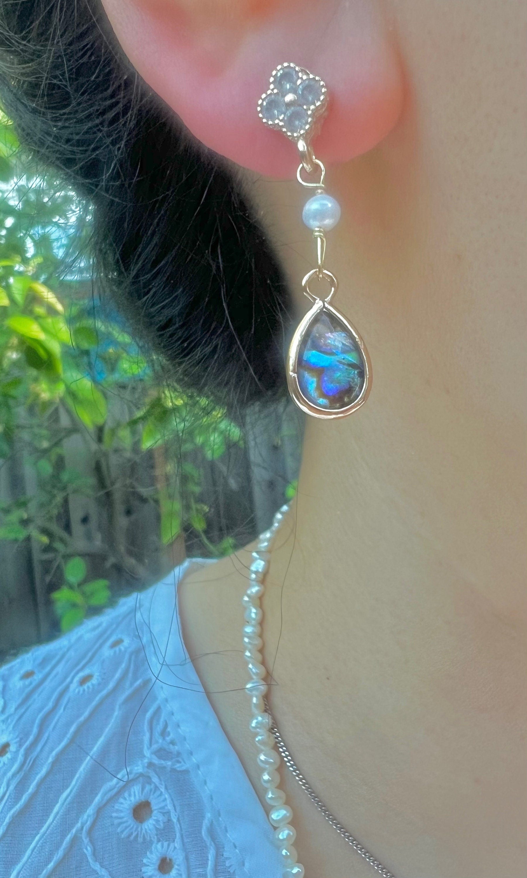 Genuine freshwater pearl teardrop shell clover earrings. Bridal boho CZ earrings. Art deco pearl earrings.