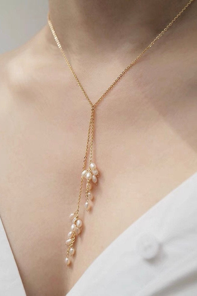 14K gold filled genuine baby pearl necklace. Y-dropped freshwater pearl necklace. dainty adjustable lariat pearl necklace.bridal necklace