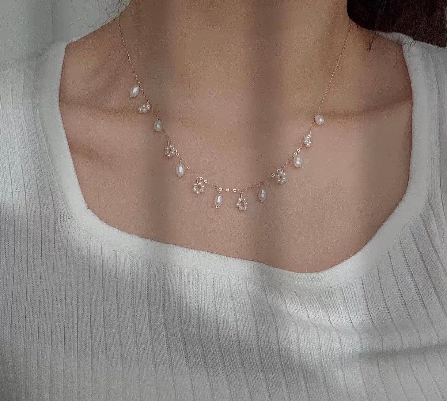 14K gold filled wire wrapped freshwater pearl necklace. Daisy pearl necklace. Tassels necklace. Lace necklace. Bridal pearl necklace.
