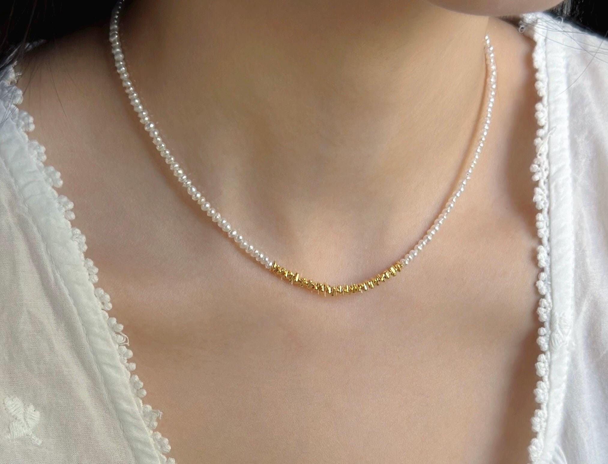 Freshwater baby pearl with irregular gold beads necklace. Minimalist necklace. Elegant necklace. Gift for her. Sterling silver