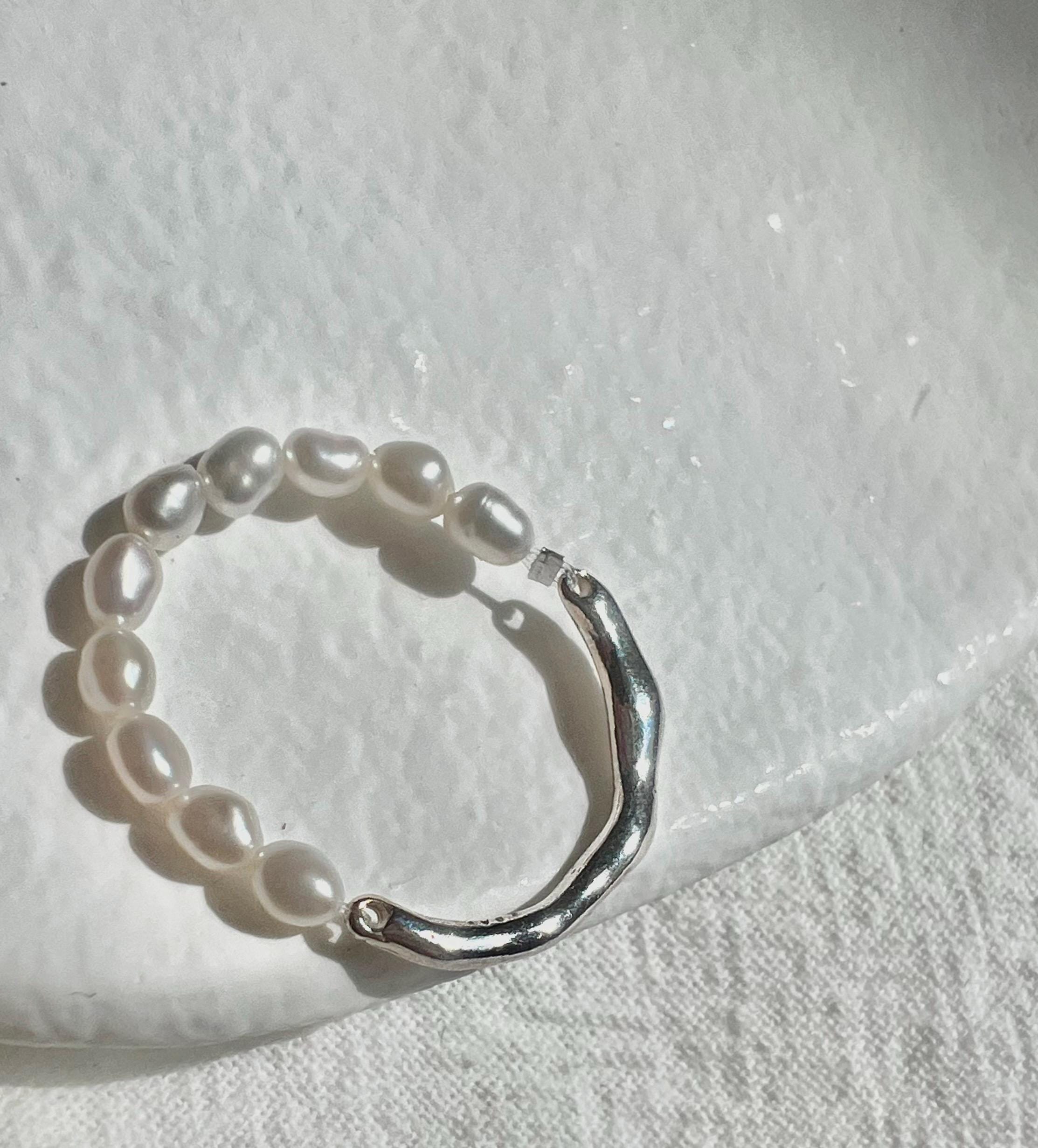 Half freshwater pearls sterling silver beads ring. Minimalist ring. Beaded pearl ring. Multiple ways ring. Wedding ring.