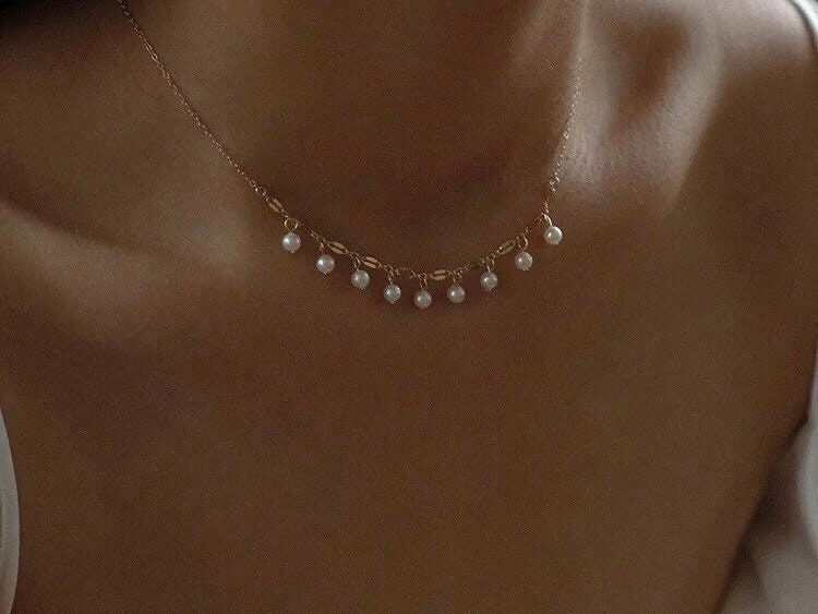 Freshwater pearl multiple-chain choker necklace. Tiny Pearl fringe necklace. drop necklace. Station choker. Dainty necklace. Gift for her