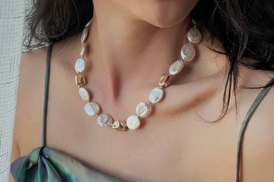 Freshwater baroque large coin pearl nugget toggle necklace. High luster baroque pearl necklace. Chunky necklace. Gift for her.