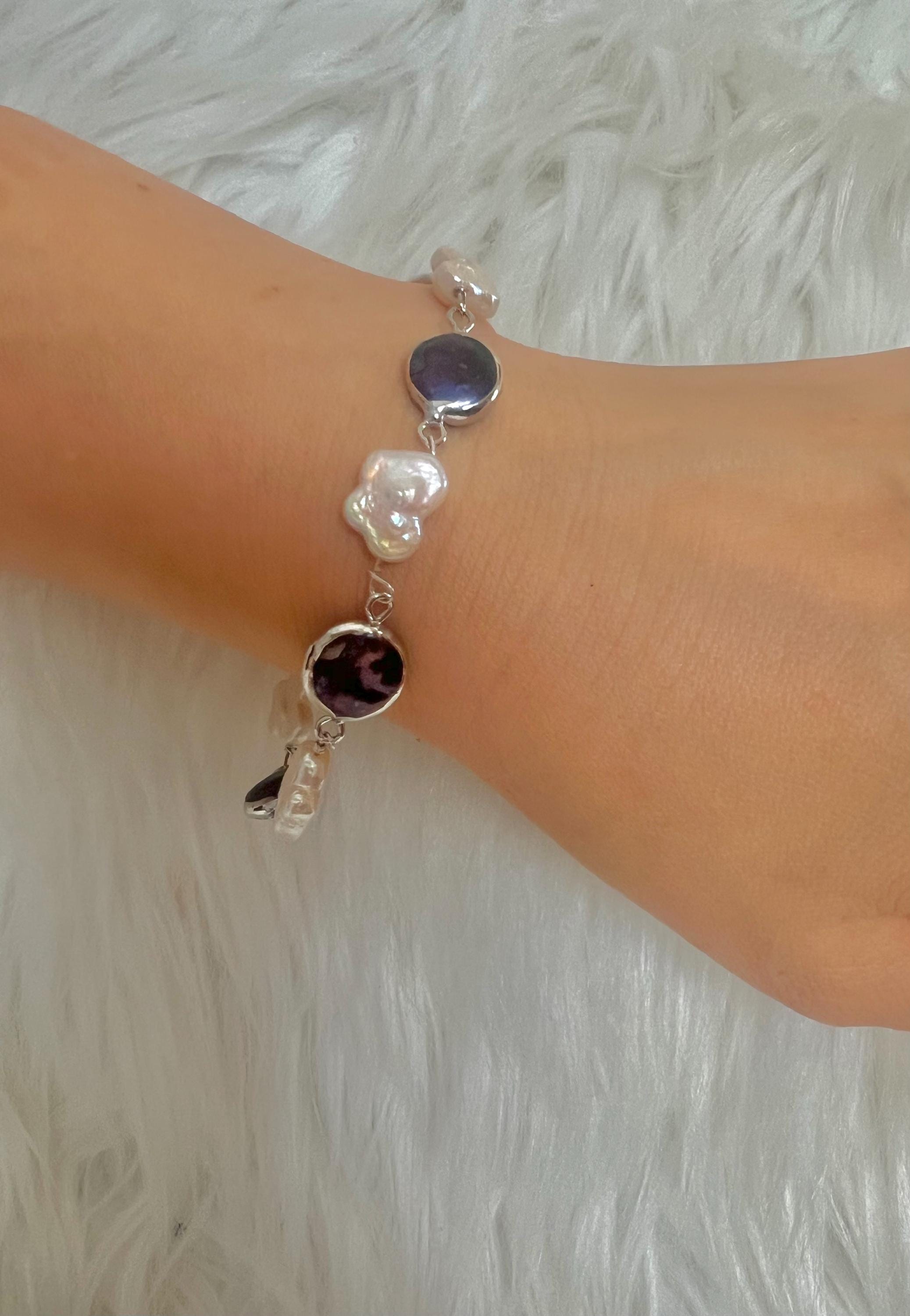 Freshwater multiple-color baroque pearl bracelet. Boho pearl bracelet. June birthstone. High luster pearl butterfly bracelet. Sterling silve