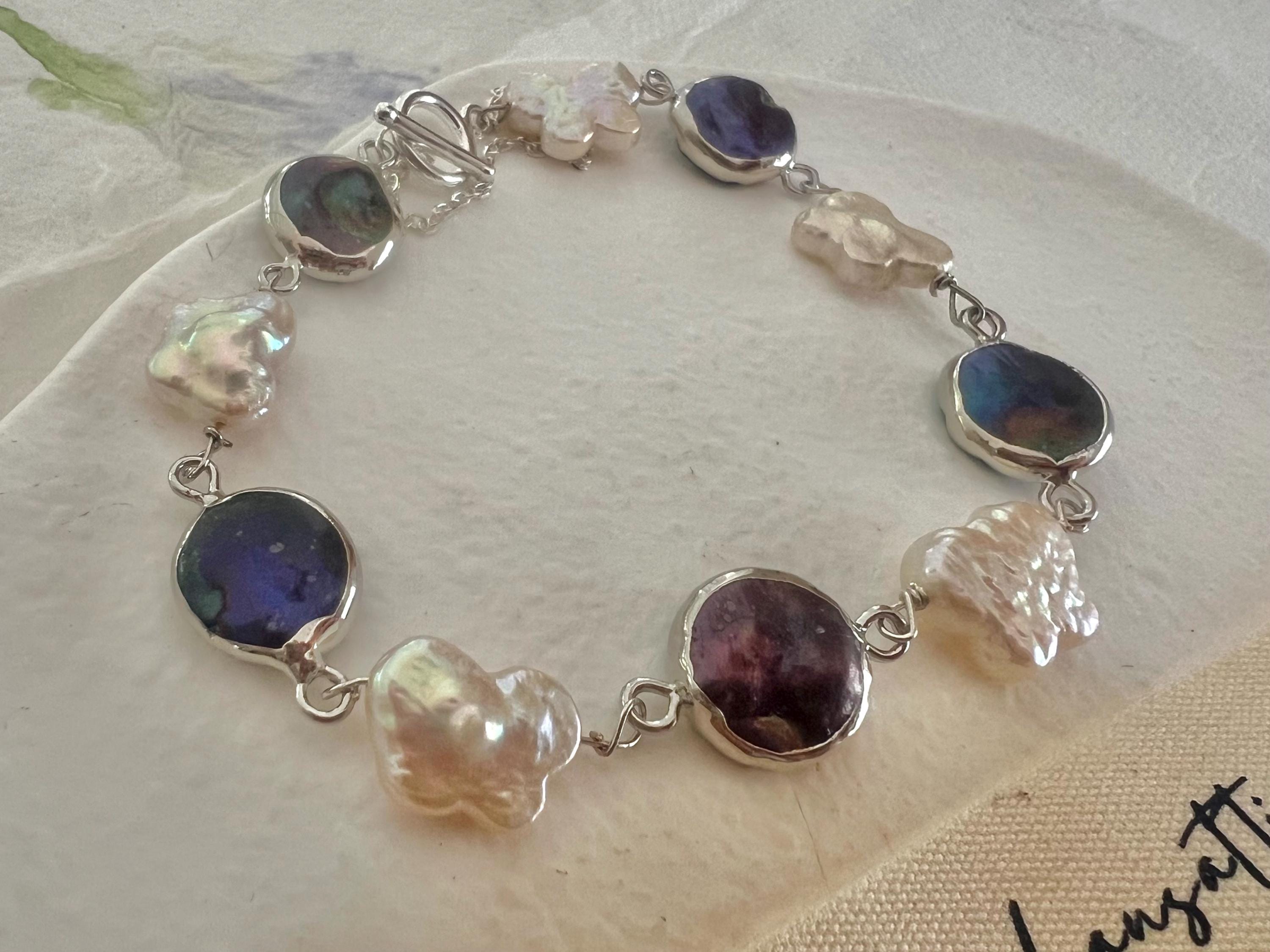 Freshwater multiple-color baroque pearl bracelet. Boho pearl bracelet. June birthstone. High luster pearl butterfly bracelet. Sterling silve