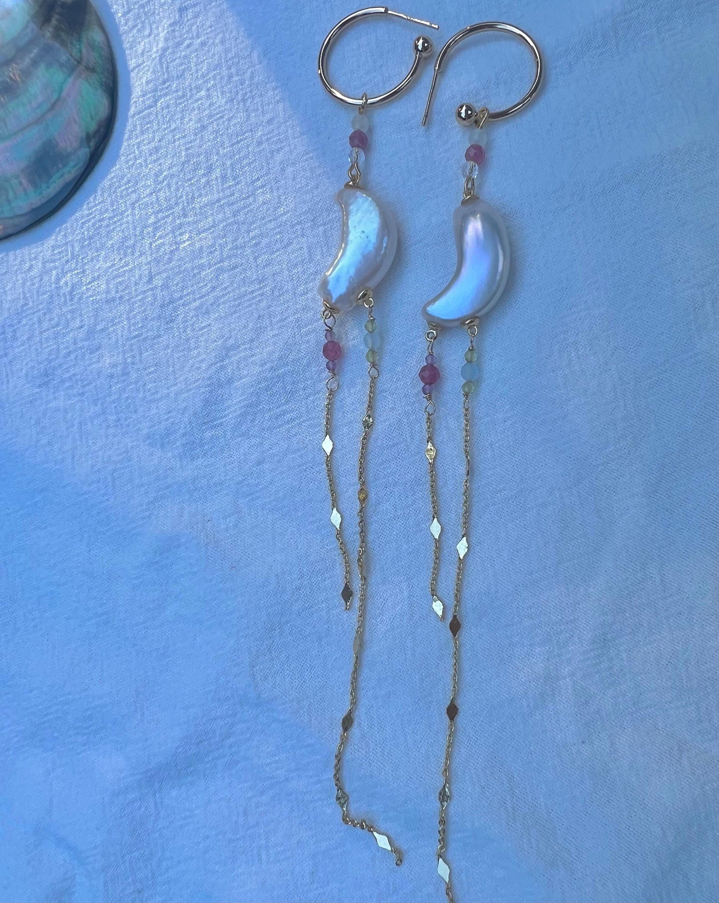 Art Deco Freshwater moon pearl dangle earrings. Delicate gemstones earring. Space earrings. Tassel elegant earrings. Gifts