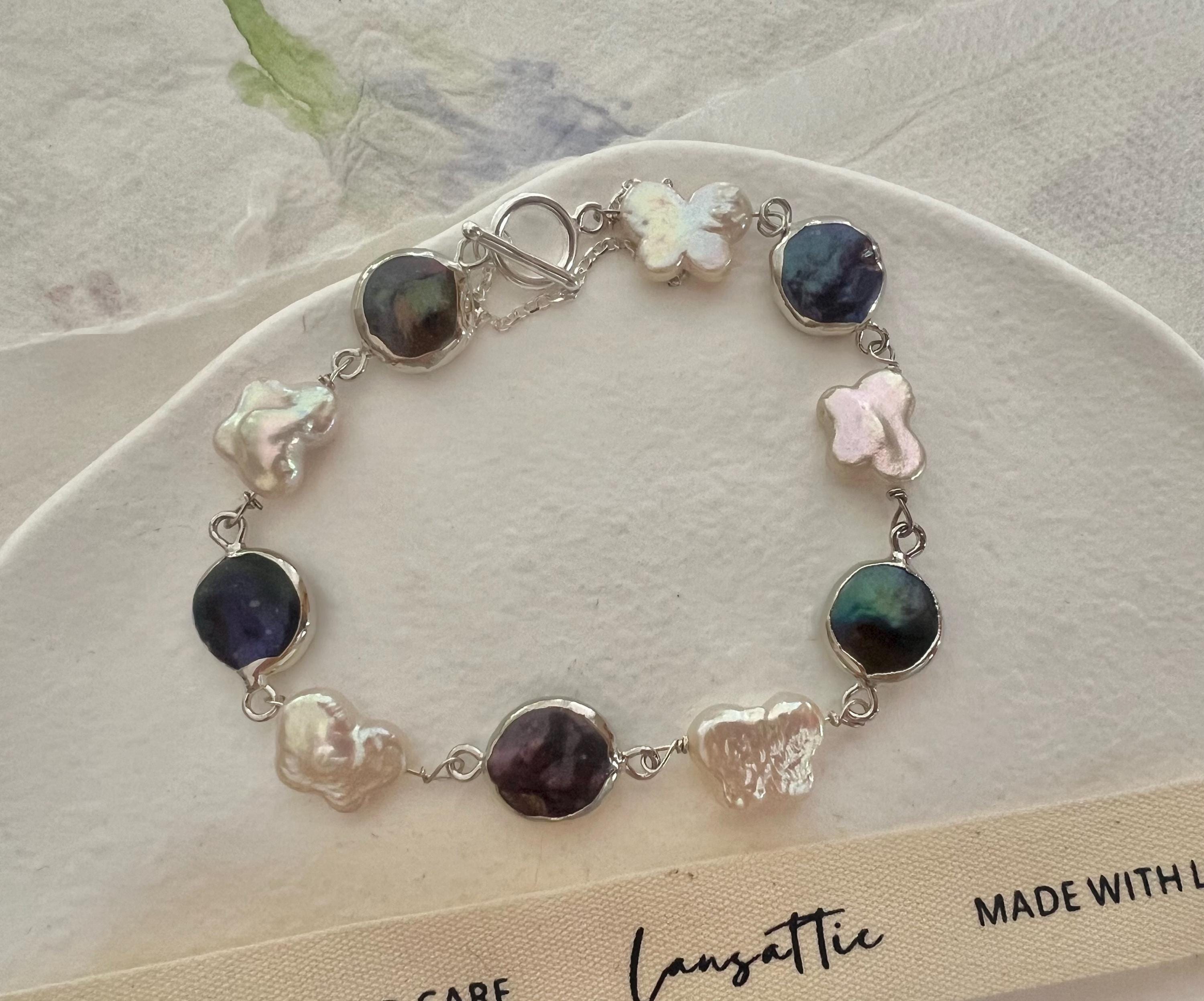 Freshwater multiple-color baroque pearl bracelet. Boho pearl bracelet. June birthstone. High luster pearl butterfly bracelet. Sterling silve