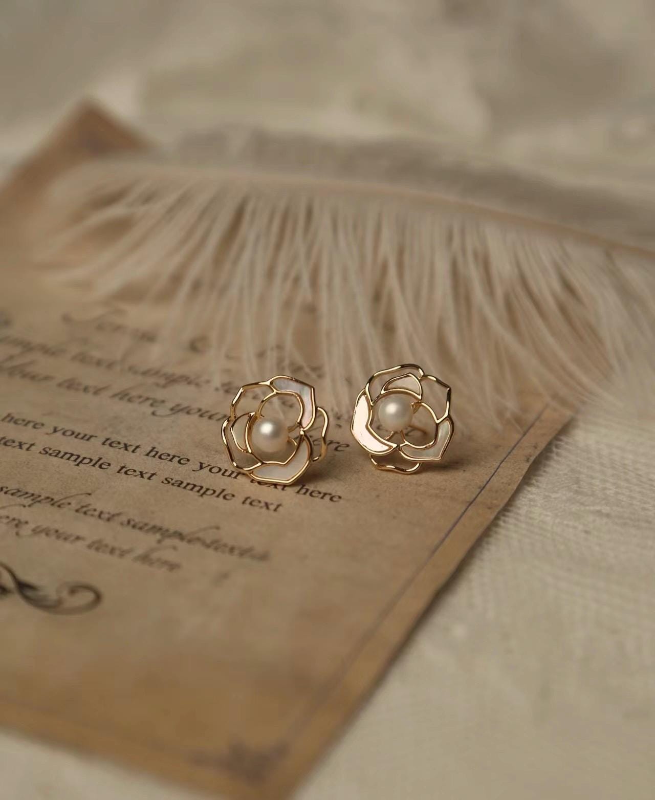 925 sterling silver ear post natural freshwater pearl camellia ear stud dainty earring. Elegant earring. Delicate earring. Gift for her