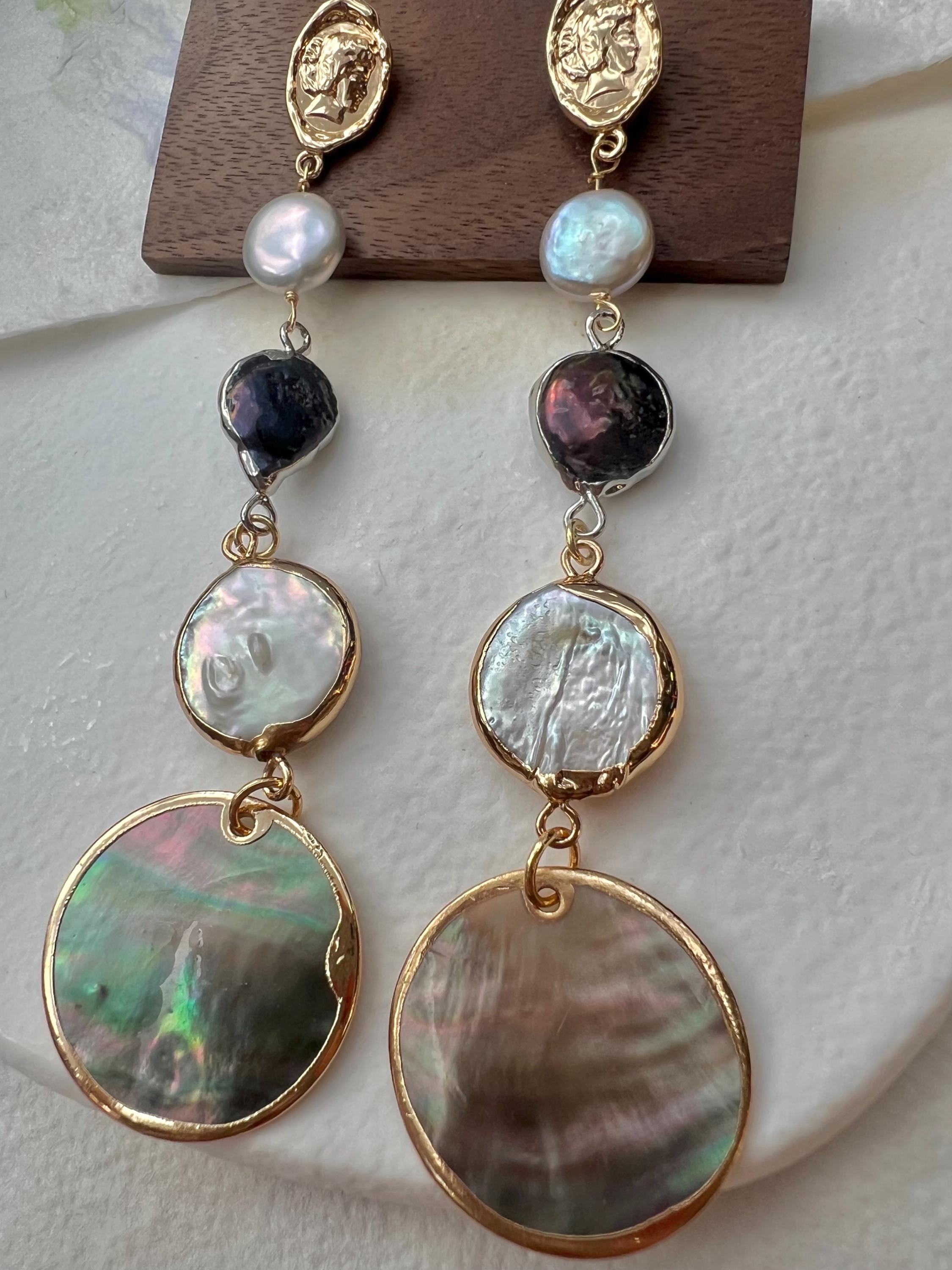 Freshwater pearl long dangle earrings. boho earrings . Chic pearl earrings. Mother of pearl baroque pearl earrings.