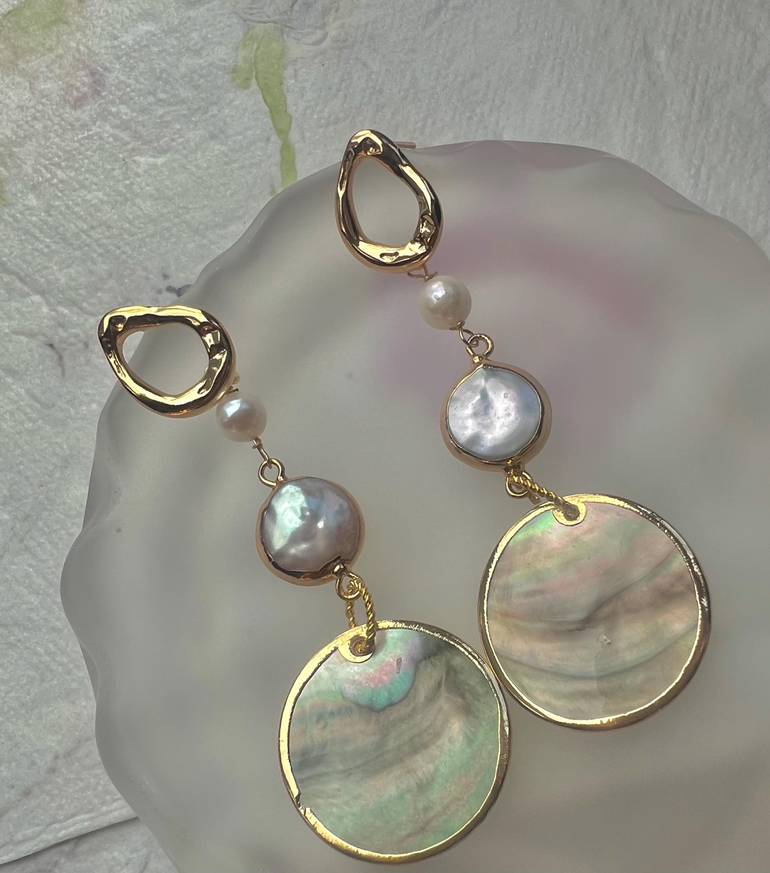 Chic freshwater pearl Charm long drop earrings. Boho shell earrings , Designed Dangling earrings. Modern pearl earrings.