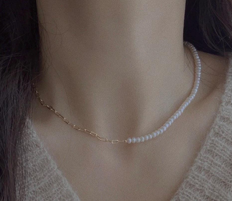 14K gold filled Half freshwater pearl chain layered chocker.Double layered  pearl necklace. Multi strand pearl long necklace.