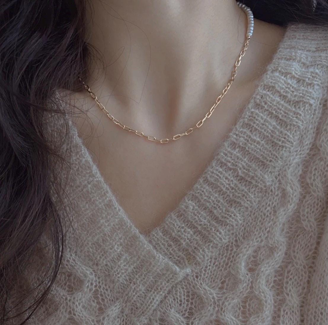 14K gold filled Half freshwater pearl chain layered chocker.Double layered  pearl necklace. Multi strand pearl long necklace.