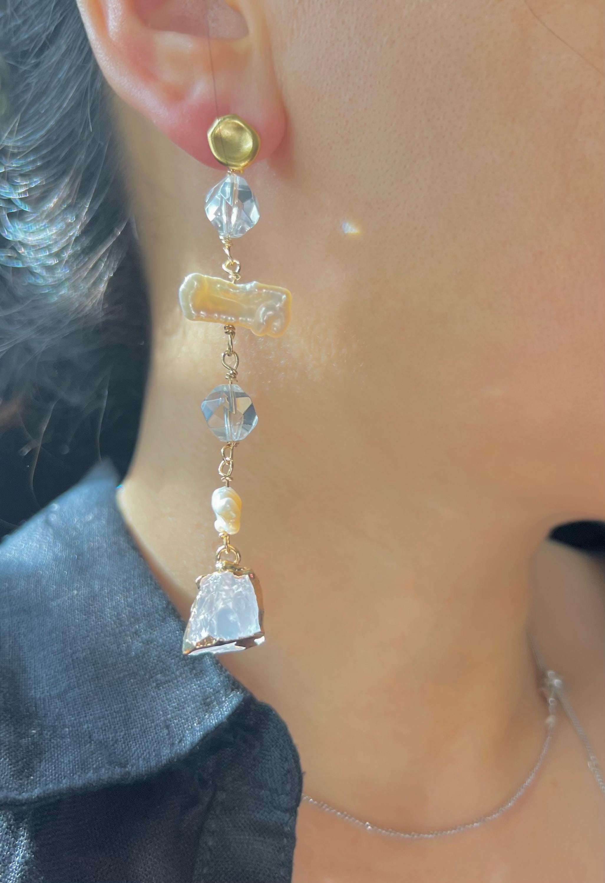 Chic piwa freshwater pearl crystal long dangle earring. Diamond earrings. Bridal Boho earrings. Gift for her.