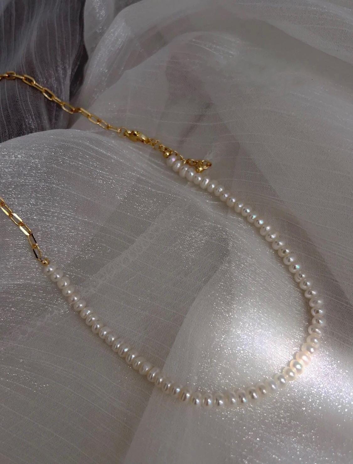 14K gold filled Half freshwater pearl chain layered chocker.Double layered  pearl necklace. Multi strand pearl long necklace.
