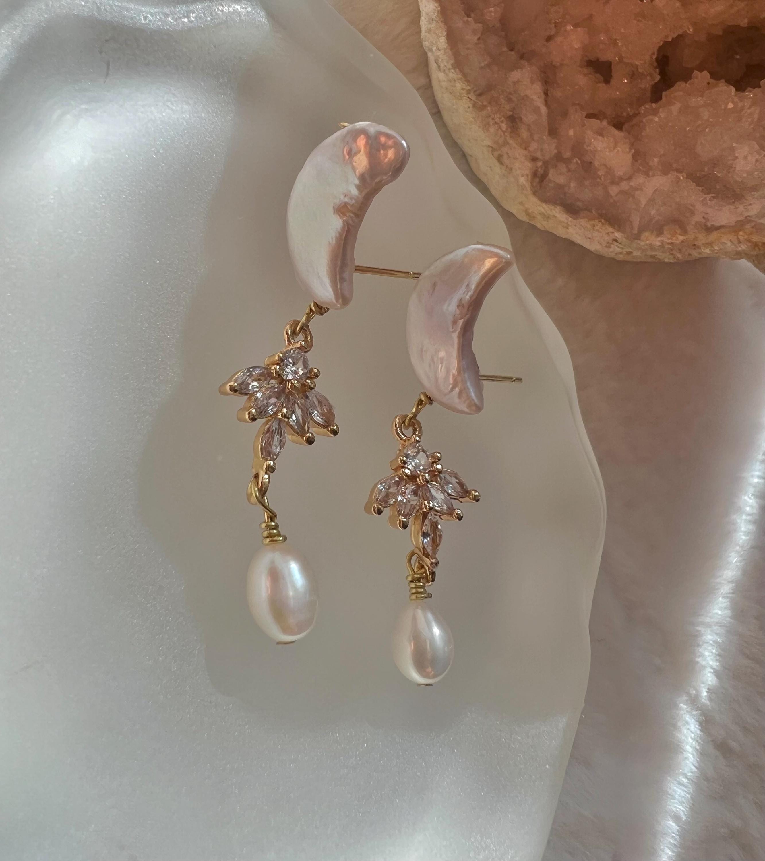 Victoria style elegant freshwater baroque moon pearl dangle earring. Space earring