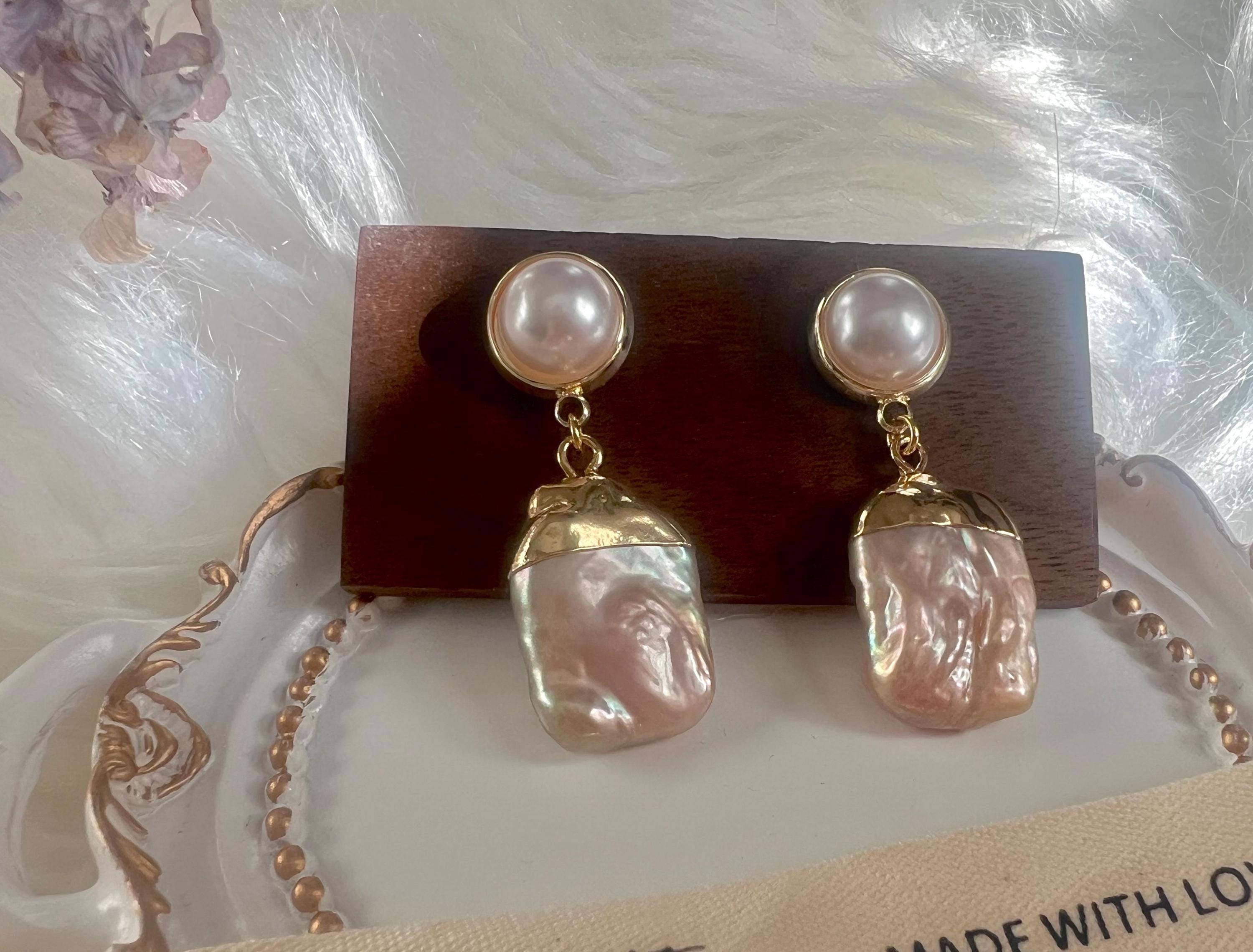 France style freshwater baroque big coin pearl earrings. Elegant dangle earrings. Double pearl earring. dainty. Delicate earring