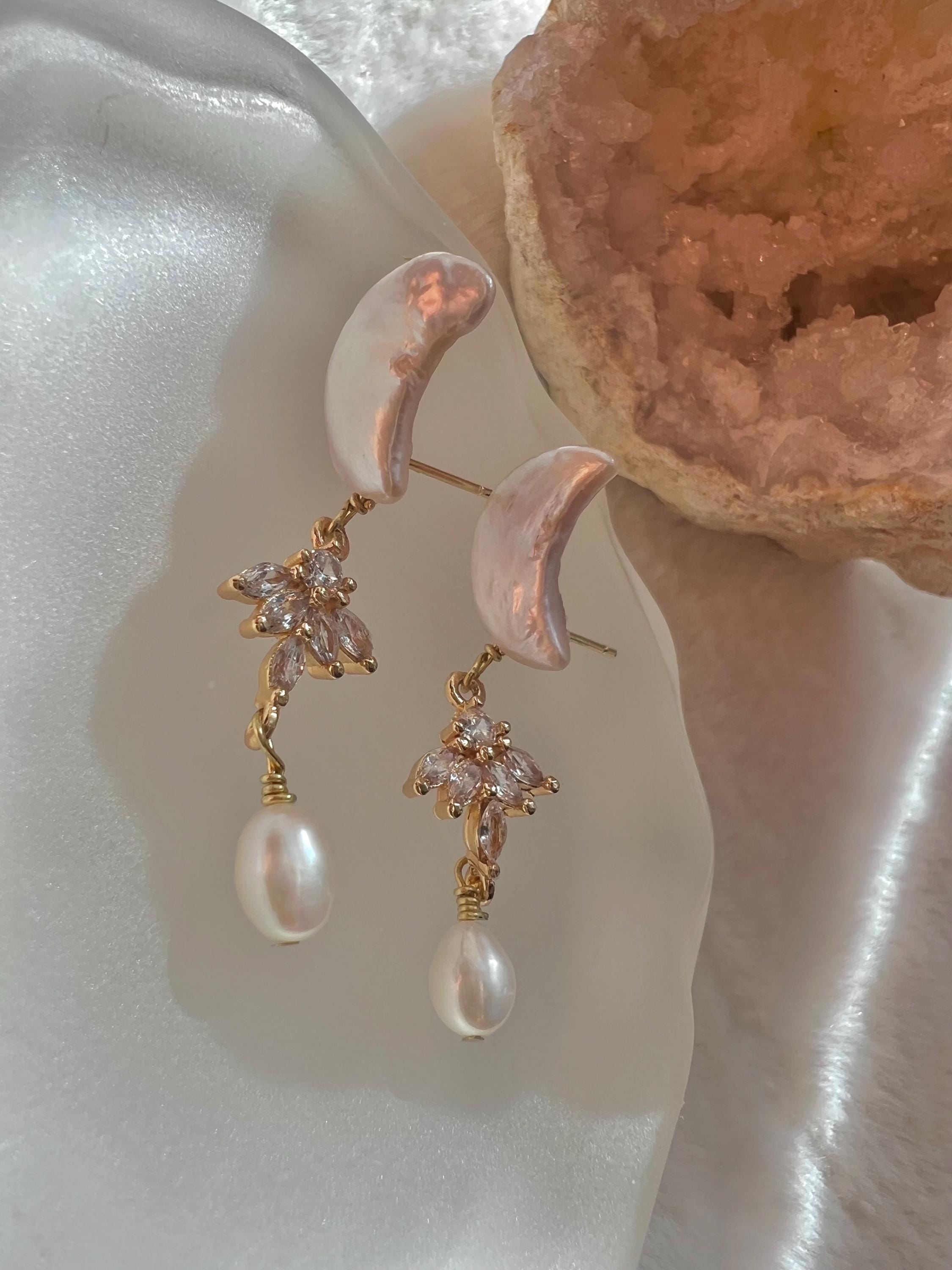 Victoria style elegant freshwater baroque moon pearl dangle earring. Space earring