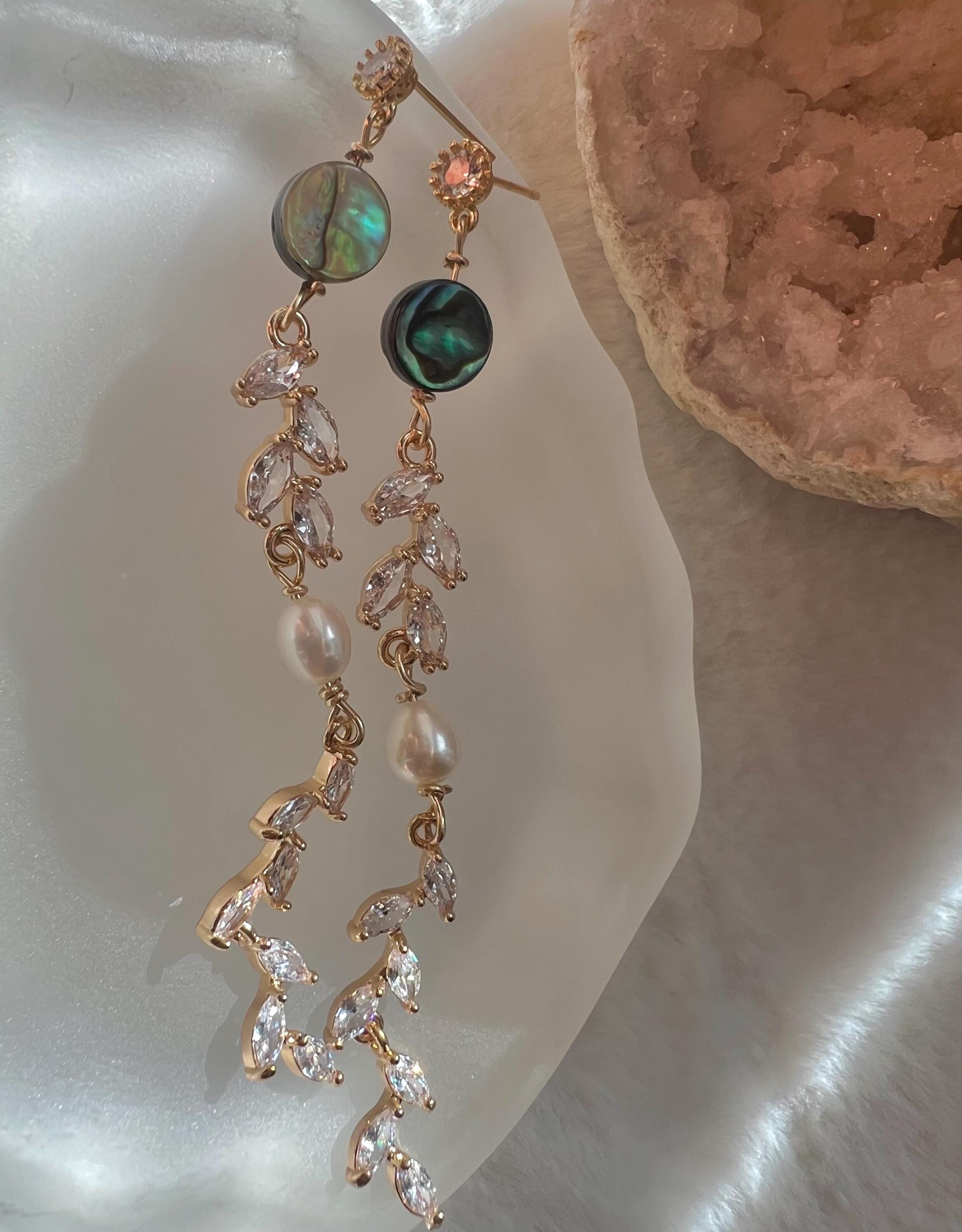Freshwater pearl Art deco deco long crystal earrings. Diamond clip on earrings. Abalone shell earrings.