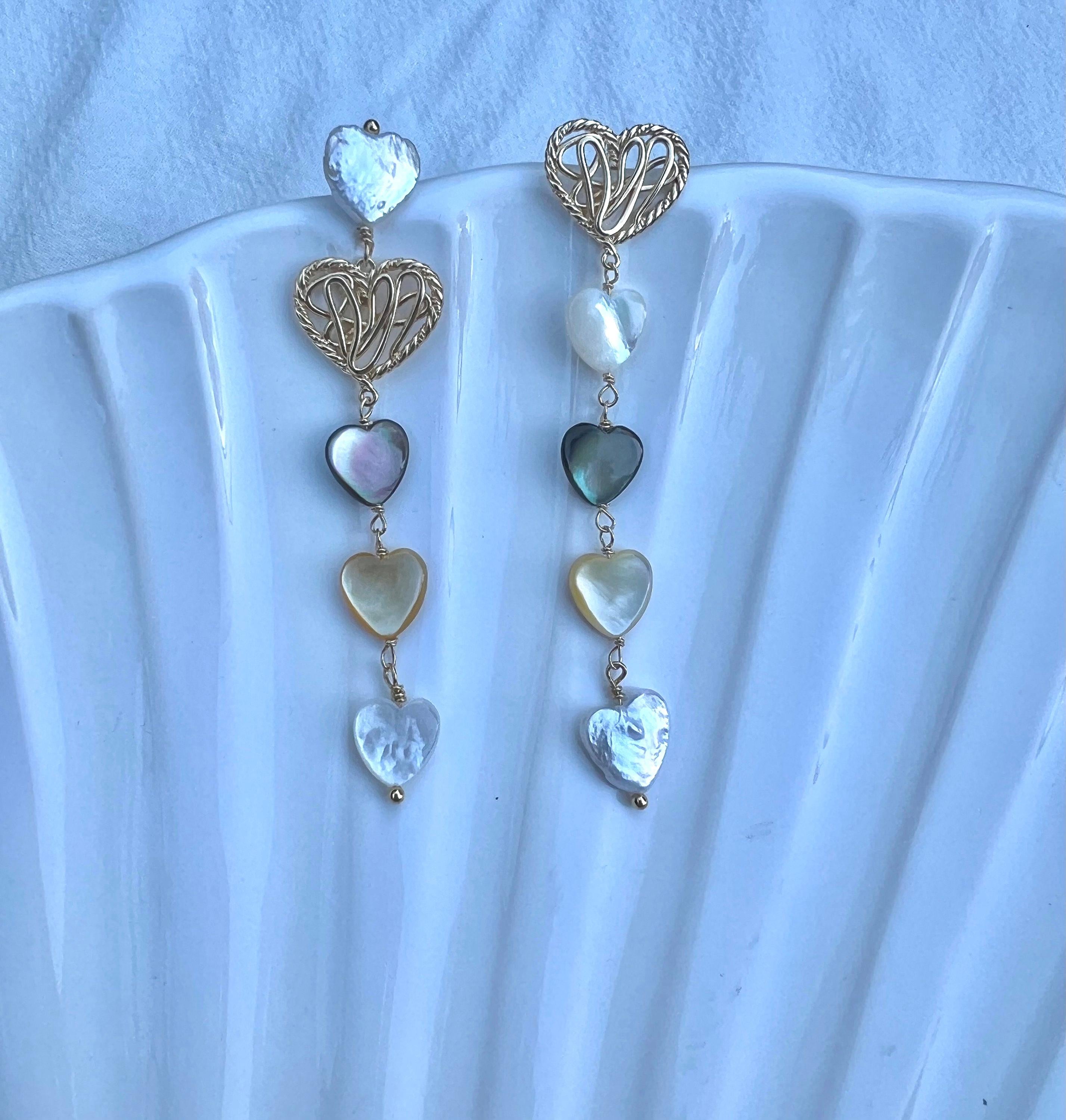 High quality freshwater Baroque multi-heart filigree earrings. Boho wedding earrings. Candy earrings. Unbalanced earrings.