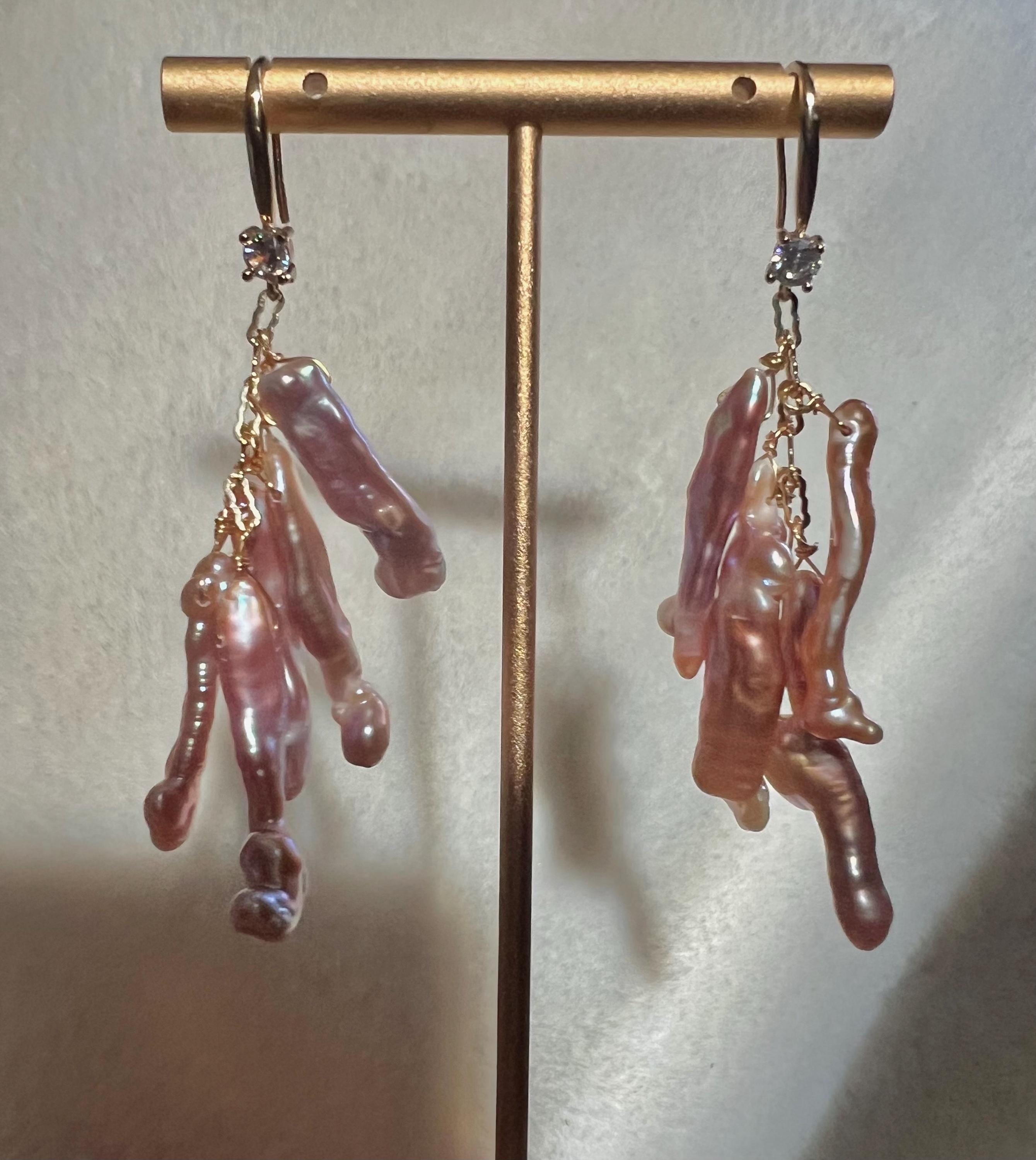 Purple baroque freshwater multiple-pearl dangle earrings. Chandelier pearl earrings. Boho pearl earrings. Gift for her.