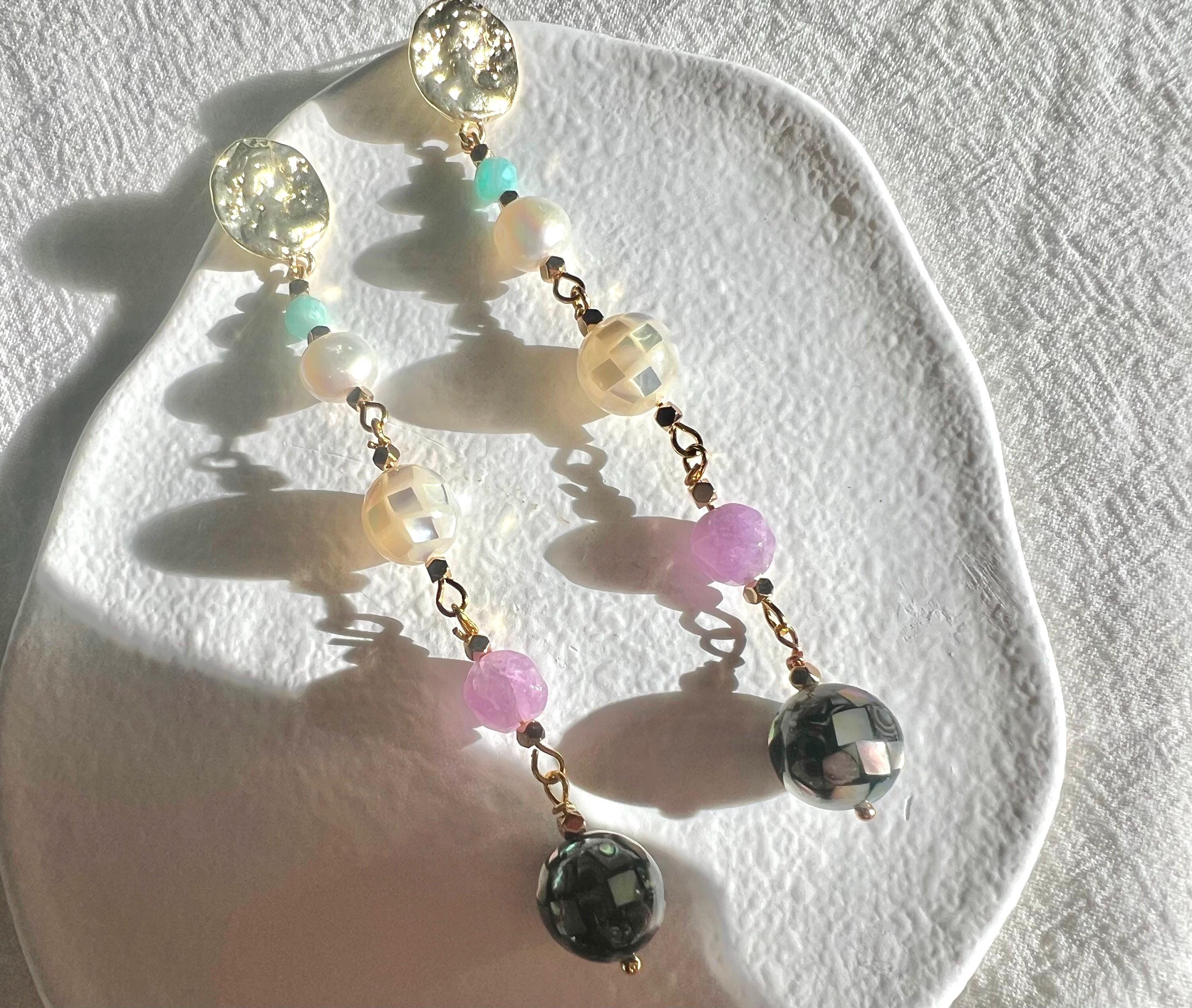 Art Deco Freshwater baroque pearl multiple-colored shell ball queen stud dangle earrings. Long drop earrings. Boho candy earrings.