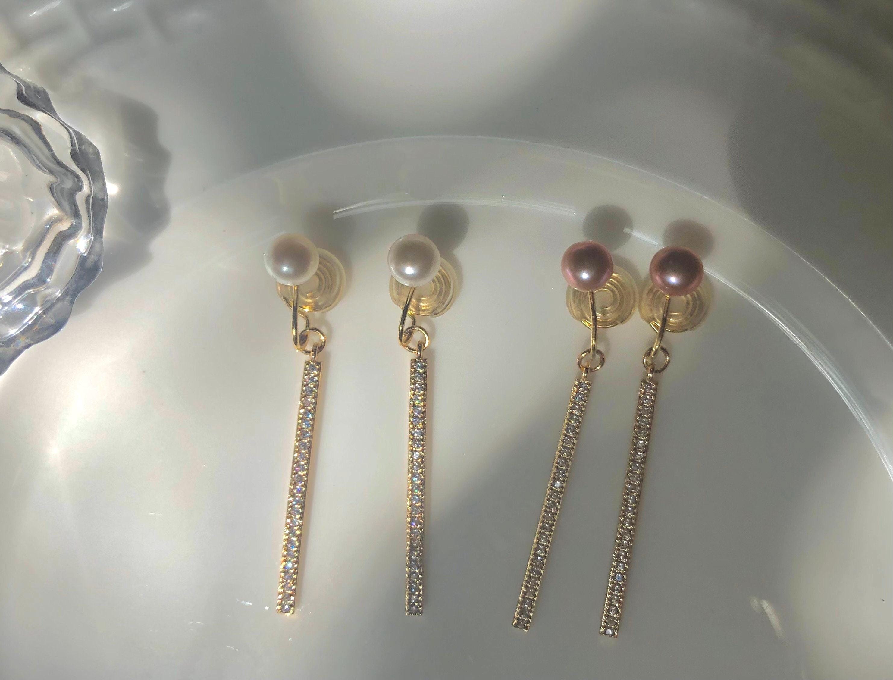 Freshwater pearl clip on two ways wearing stick earring. No pain pearl ear clip. Comfortable non pierced ear clip. Fashion ZC bar earrings.