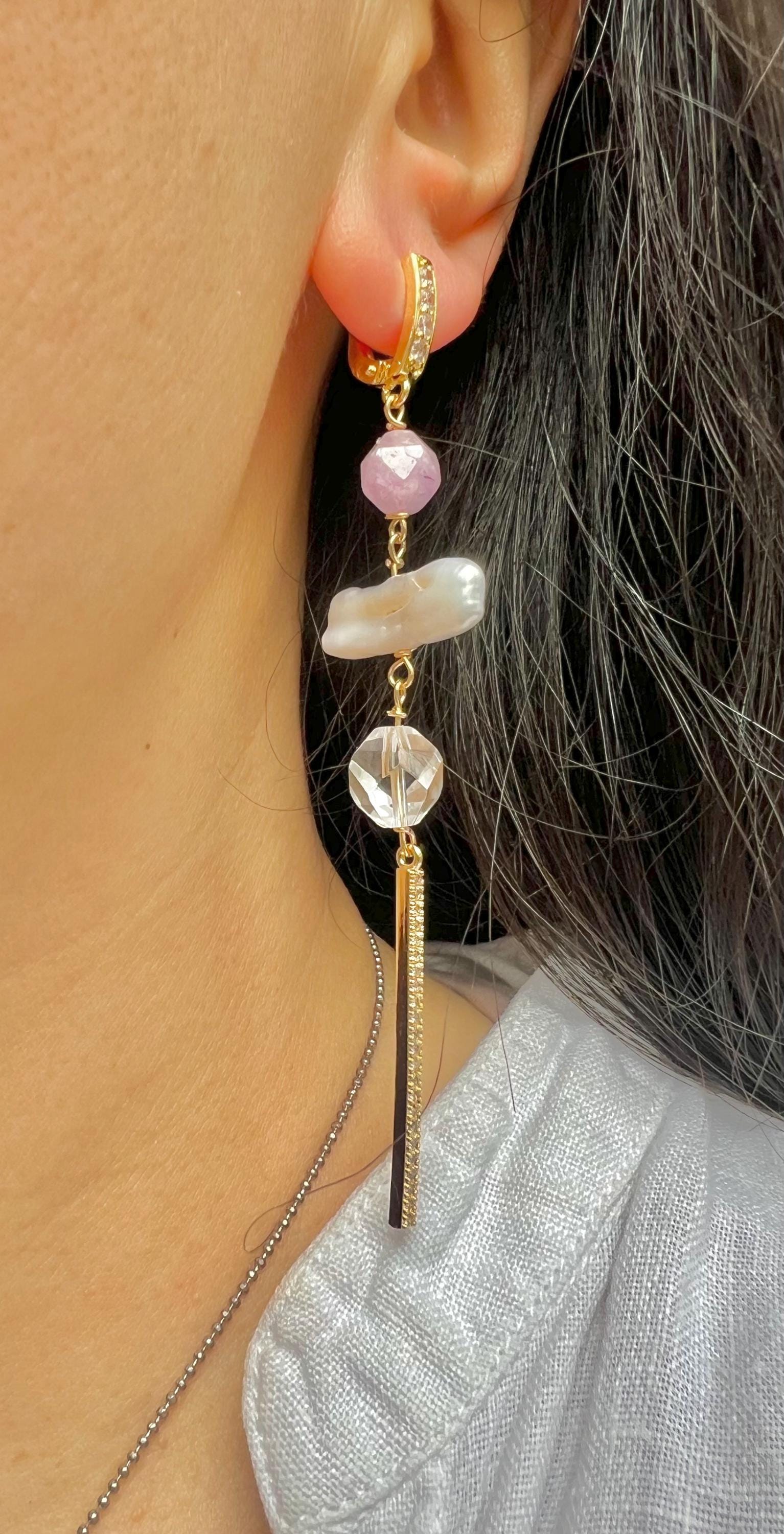 Chic freshwater pearl purple gemstone earrings. Diamond bar earrings. Stylish earrings.Raw crystal earrings.