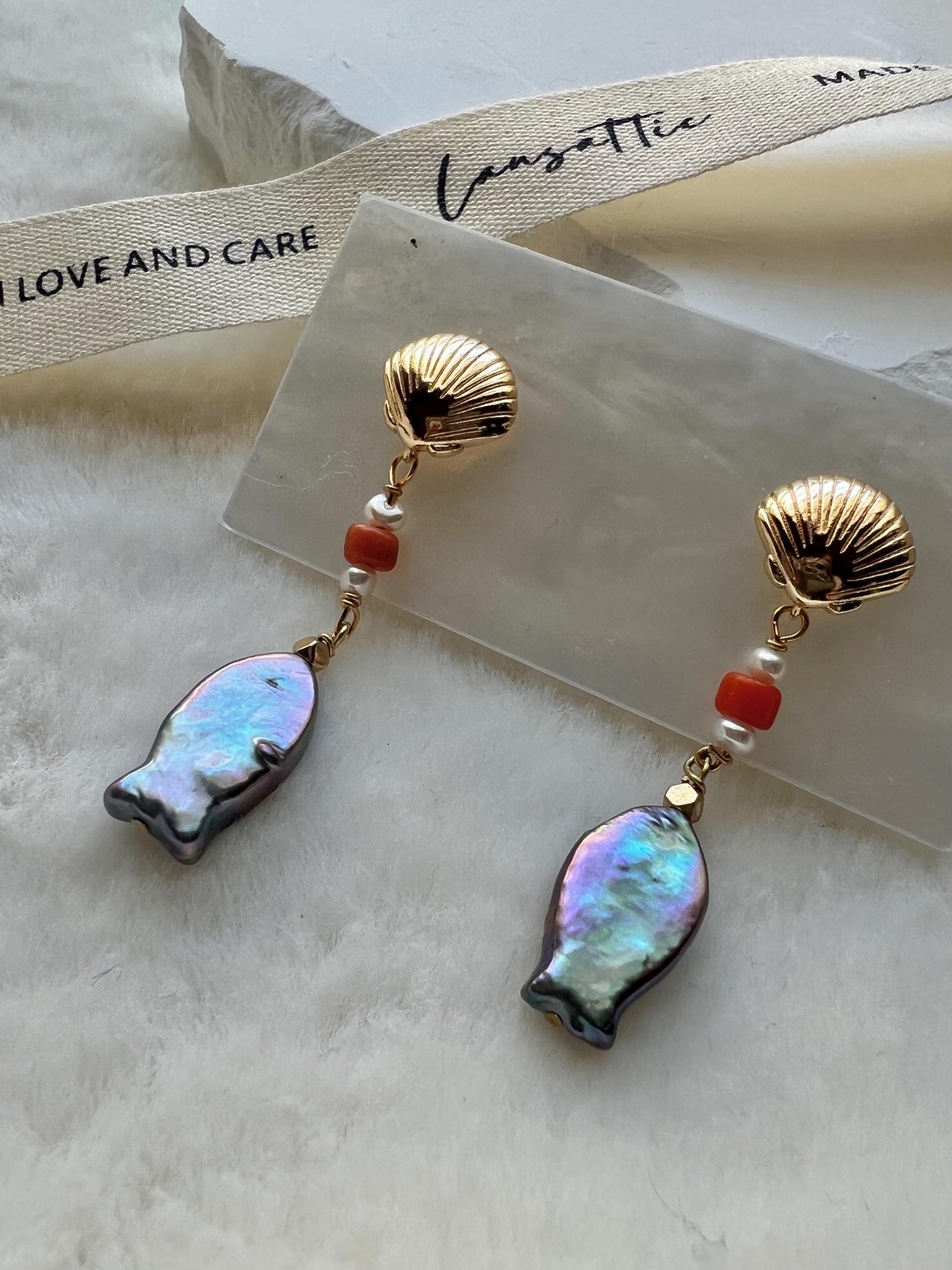 Fish freshwater baroque Pearl coral dangle Earrings. Peacock pearls colorful Earrings. Candy Earrings. Shell stud earrings