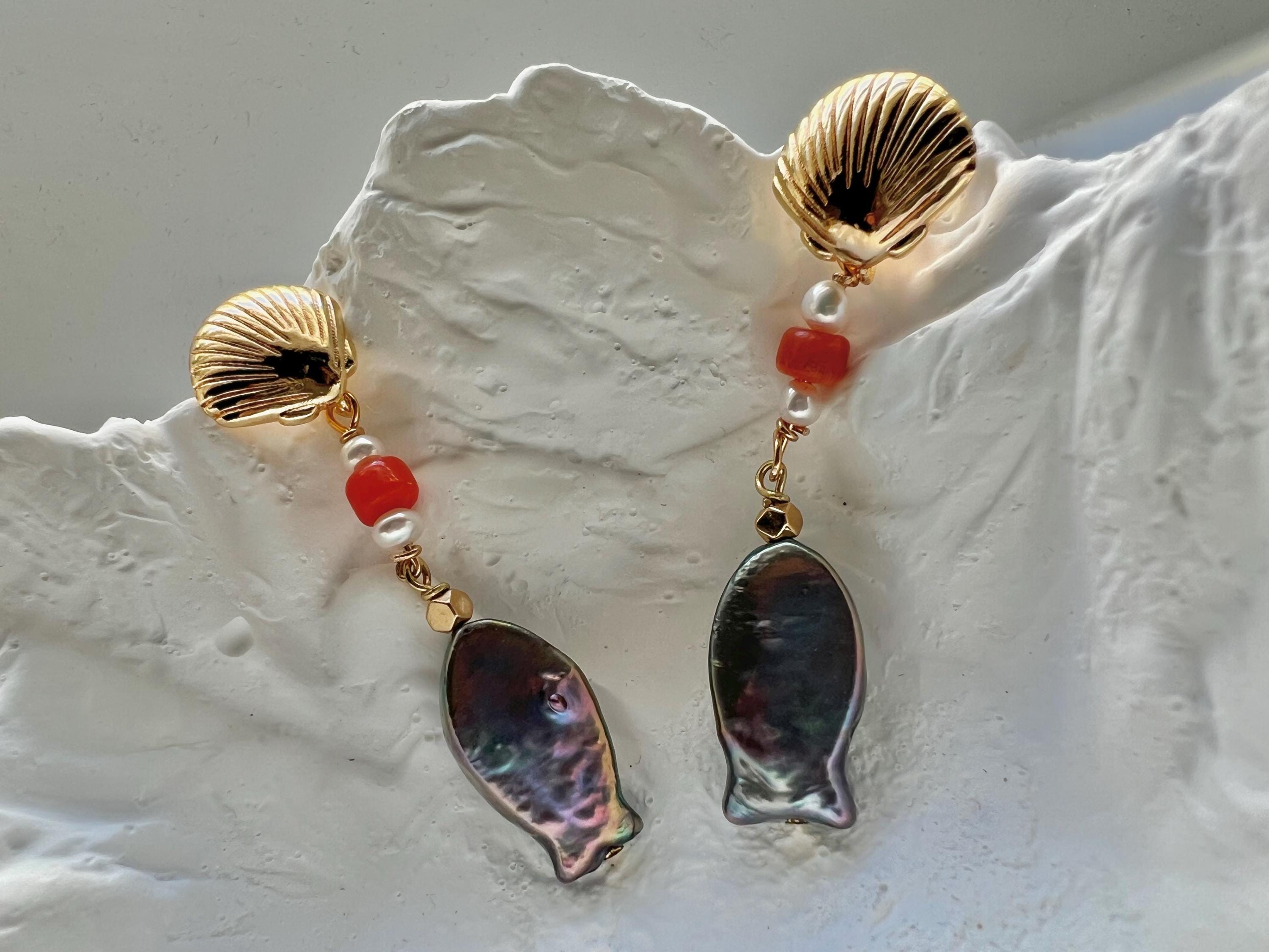 Fish freshwater baroque Pearl coral dangle Earrings. Peacock pearls colorful Earrings. Candy Earrings. Shell stud earrings