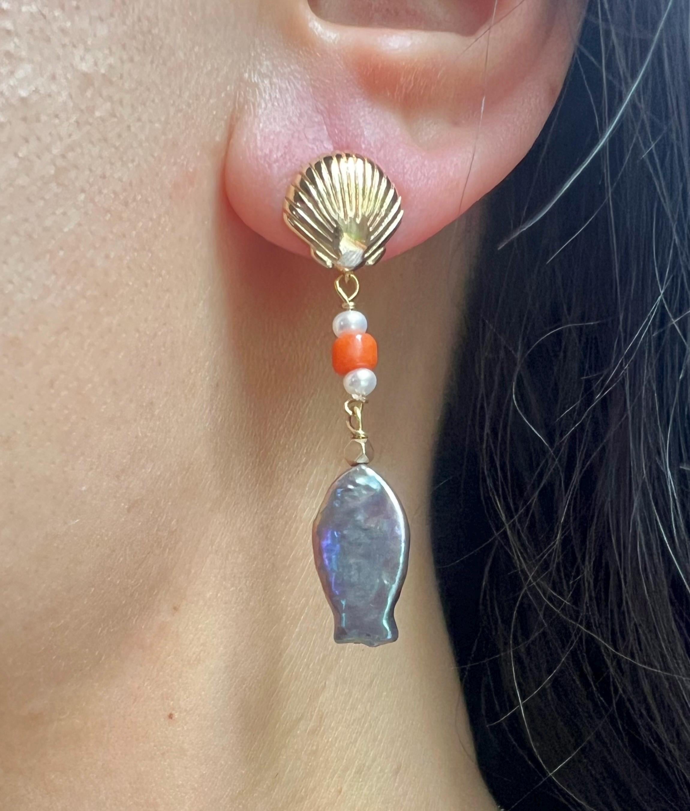 Fish freshwater baroque Pearl coral dangle Earrings. Peacock pearls colorful Earrings. Candy Earrings. Shell stud earrings