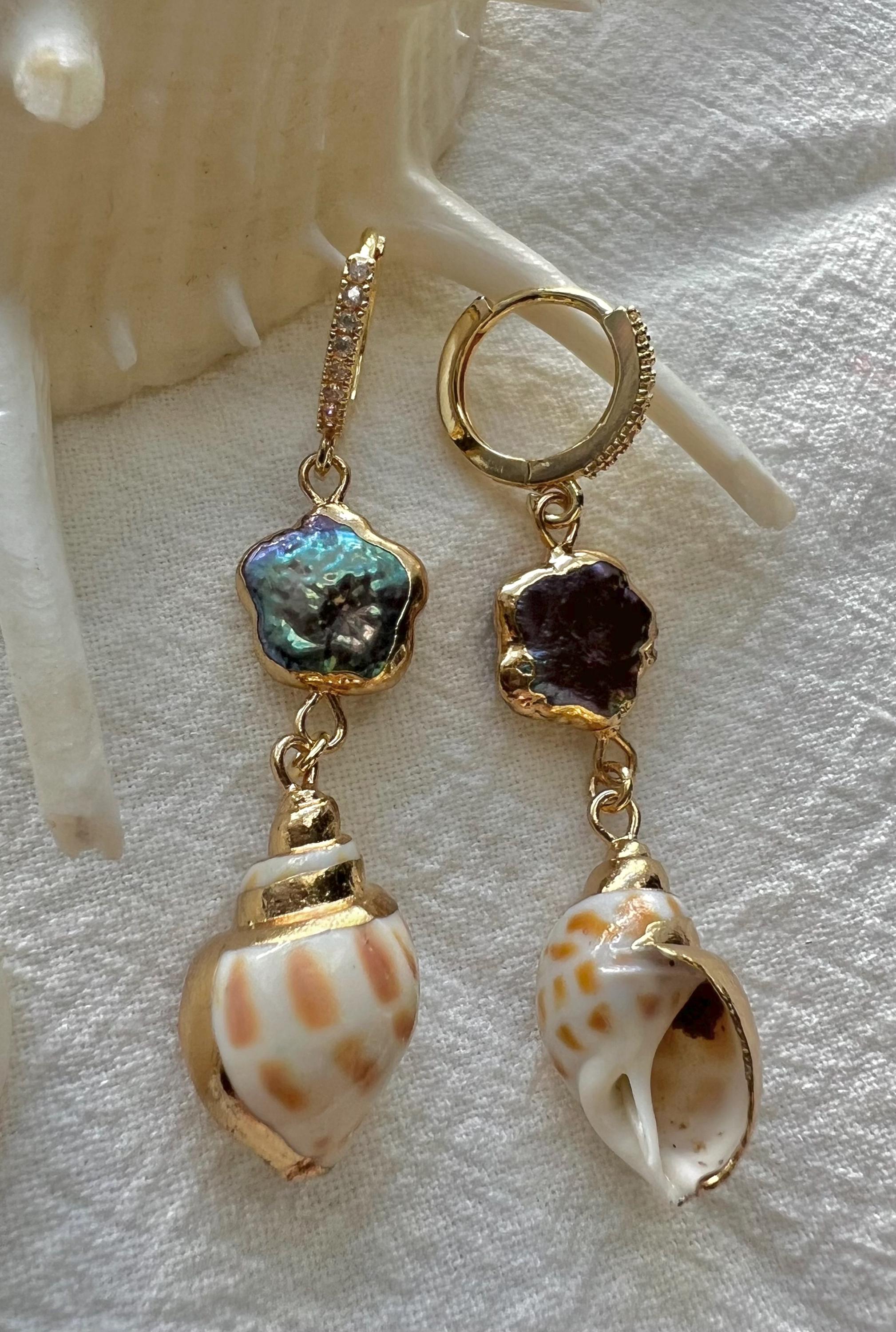 High luster freshwater pearls and seashell multiple-colored dangle hoop earring. Boho earrings.