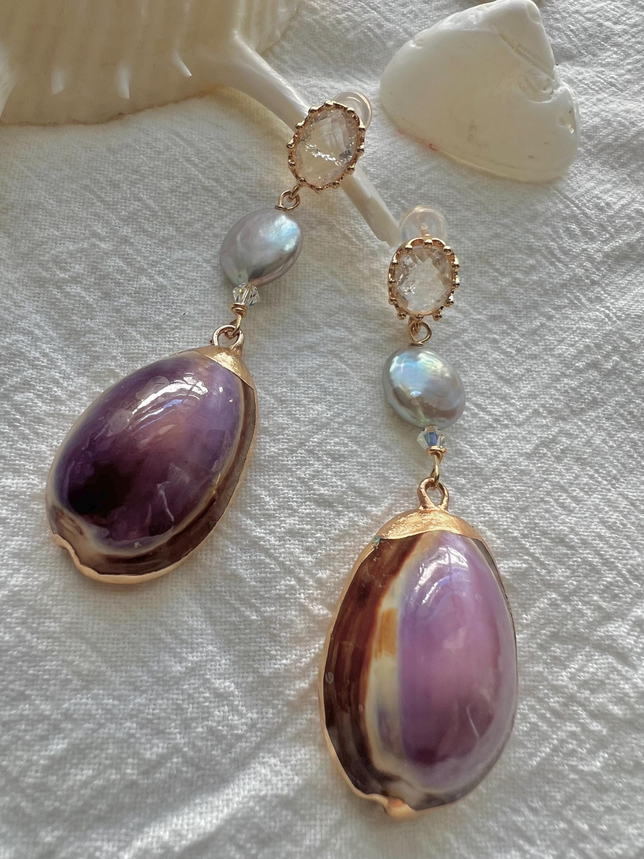 High luster freshwater pearls and seashell multiple-colored dangle hoop earring. Boho purple earrings.