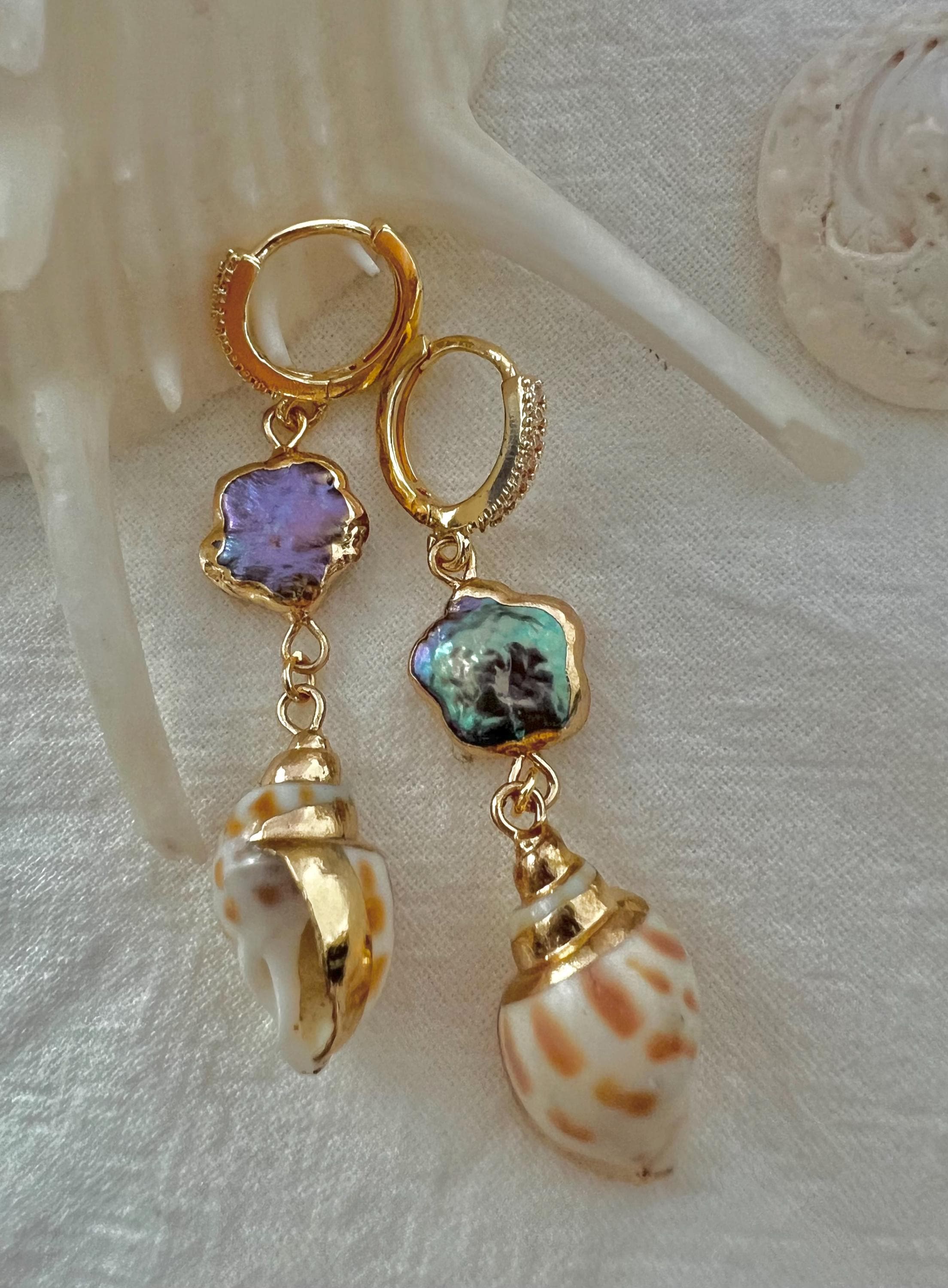 High luster freshwater pearls and seashell multiple-colored dangle hoop earring. Boho earrings.