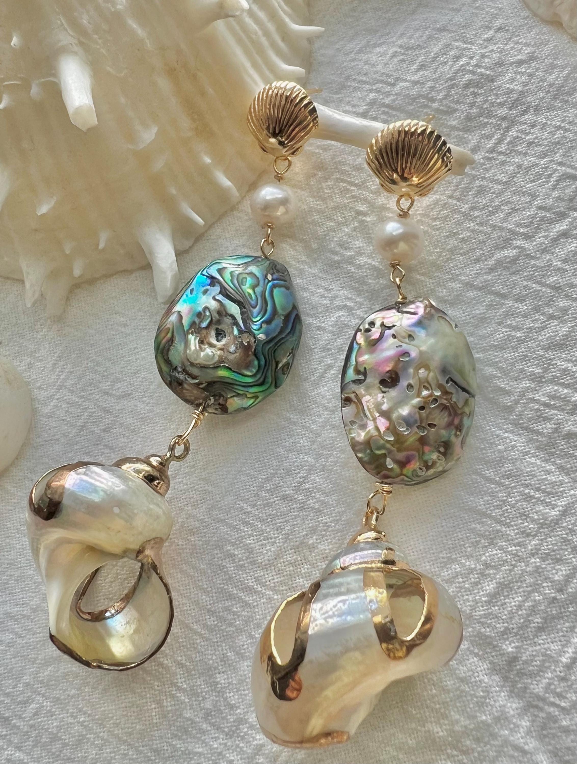 High quality luster Freshwater pearl dangle sea abalone shell earrings, Beach earrings, coastal pearl earrings.