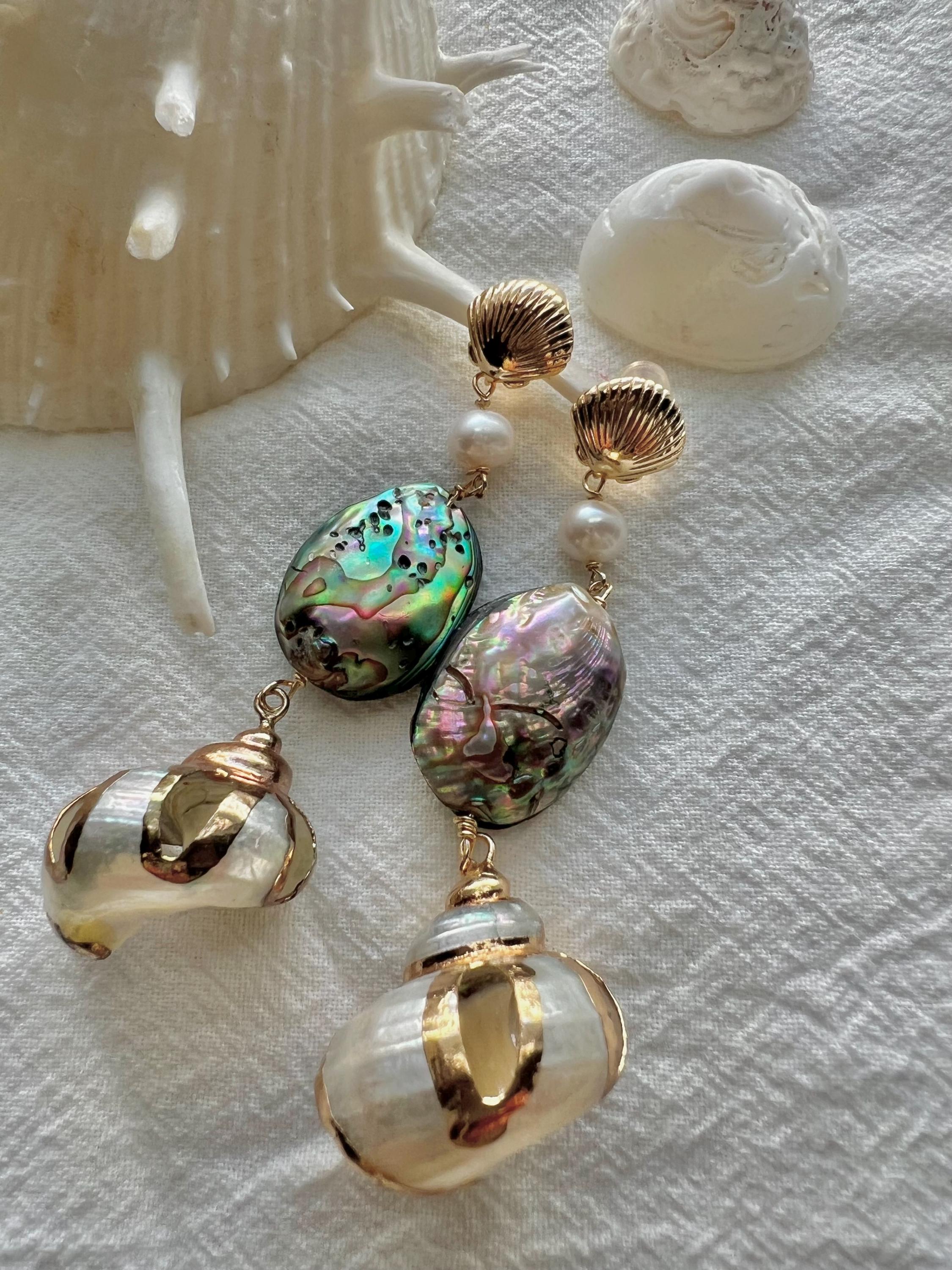 High quality luster Freshwater pearl dangle sea abalone shell earrings, Beach earrings, coastal pearl earrings.