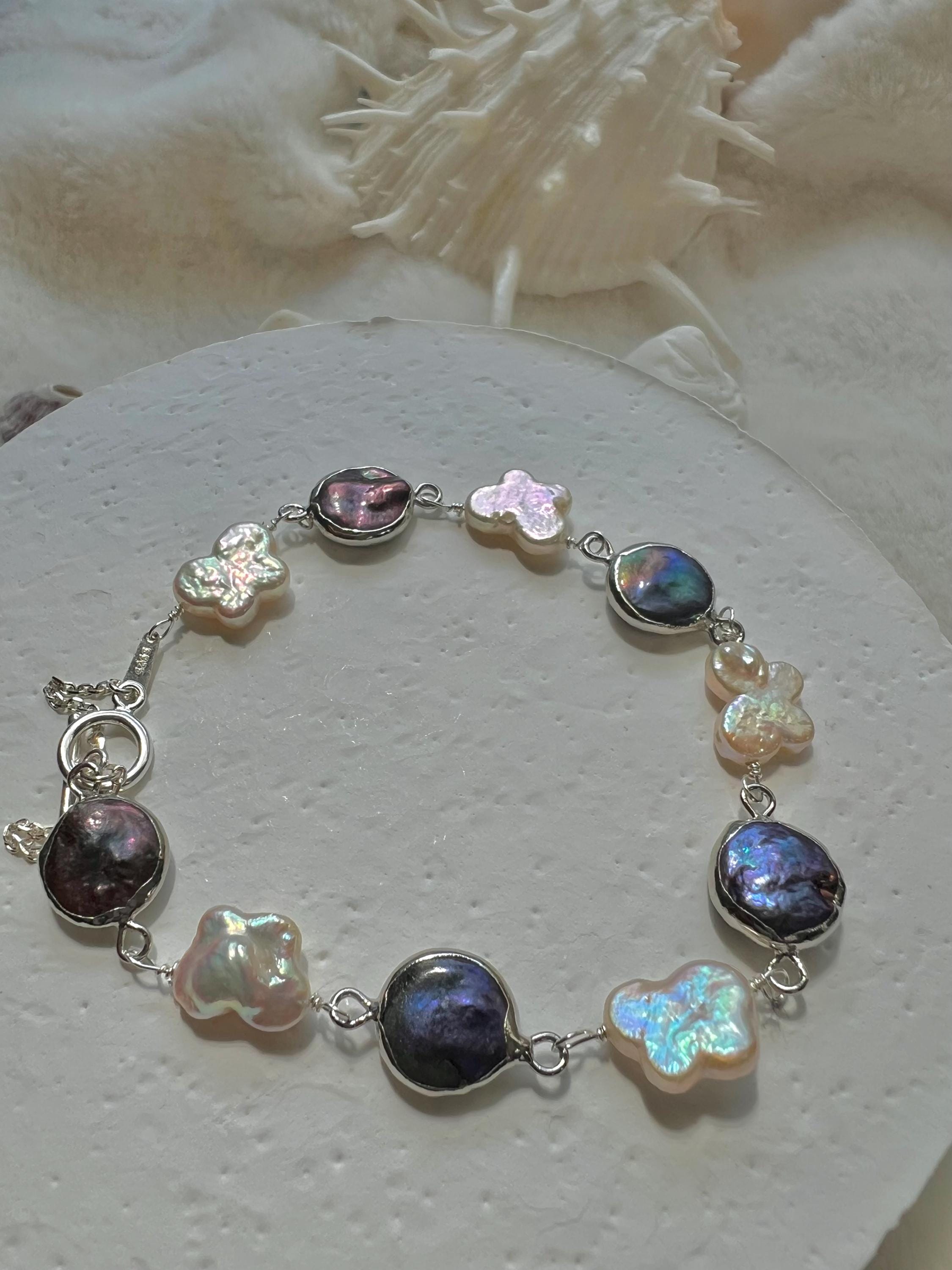 Freshwater multiple-color baroque pearl bracelet. Boho pearl bracelet. June birthstone. High luster pearl butterfly bracelet. Sterling silve