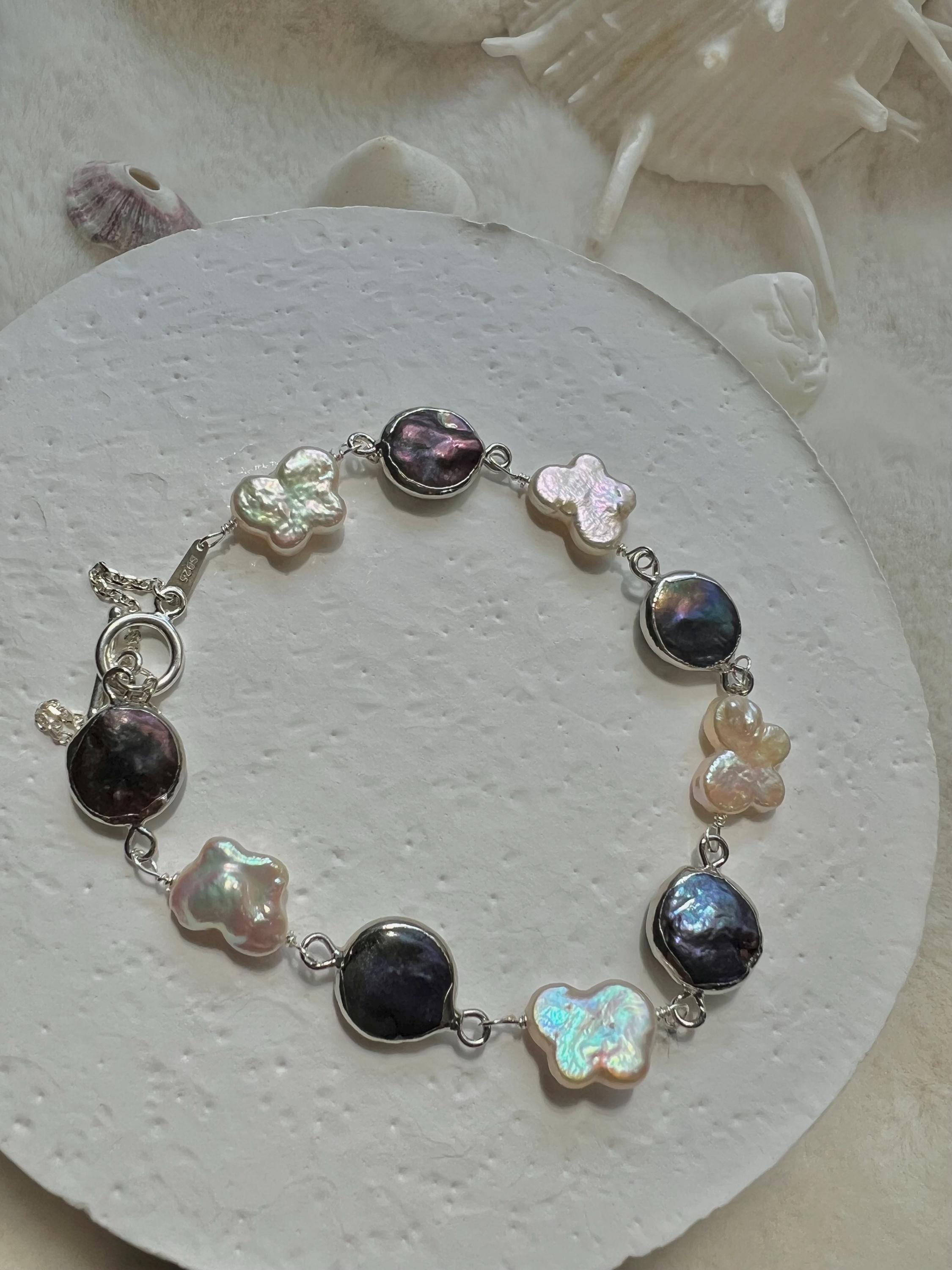 Freshwater multiple-color baroque pearl bracelet. Boho pearl bracelet. June birthstone. High luster pearl butterfly bracelet. Sterling silve