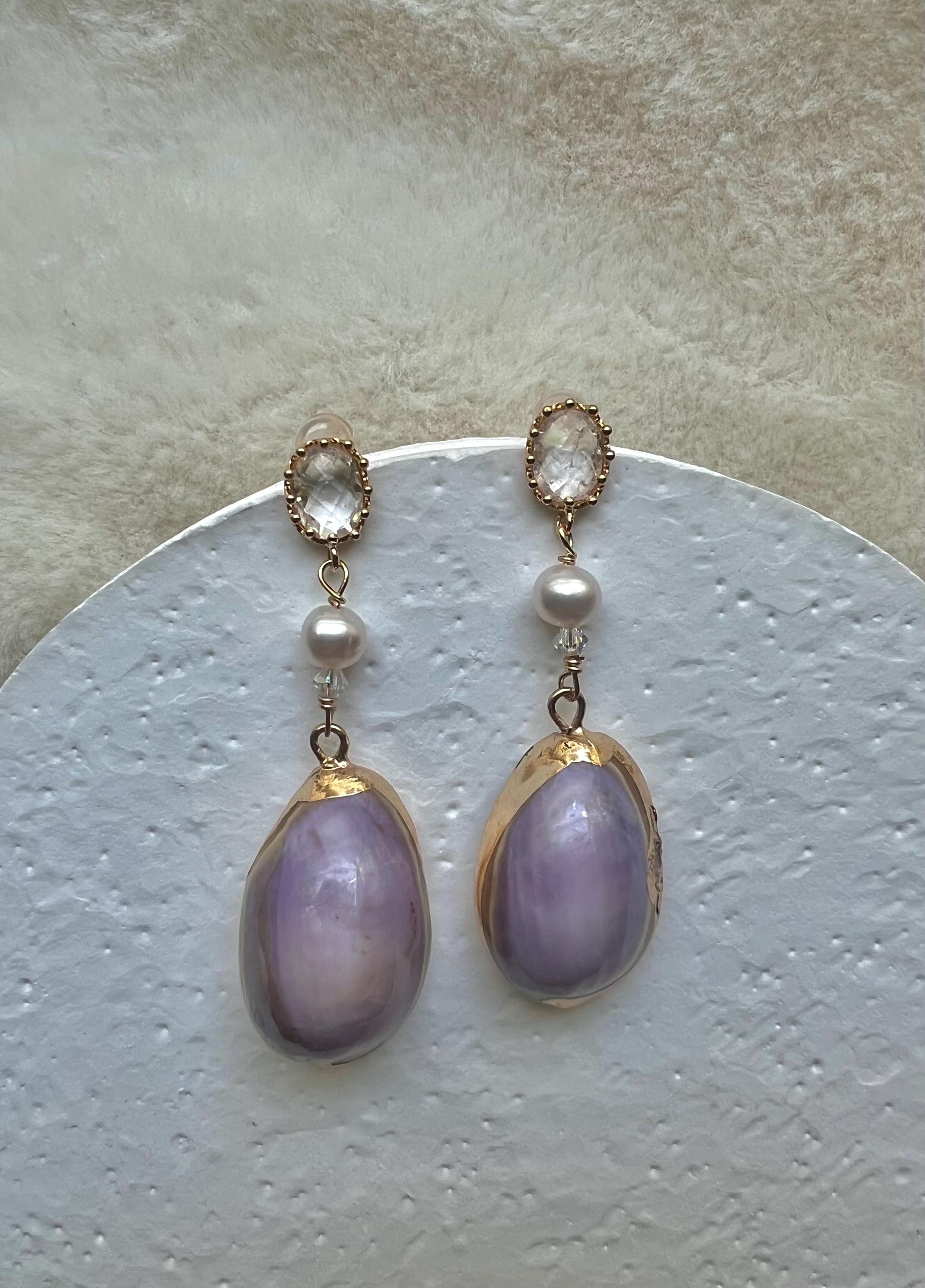 High luster freshwater pearls and seashell multiple-colored dangle hoop earring. Boho purple earrings.