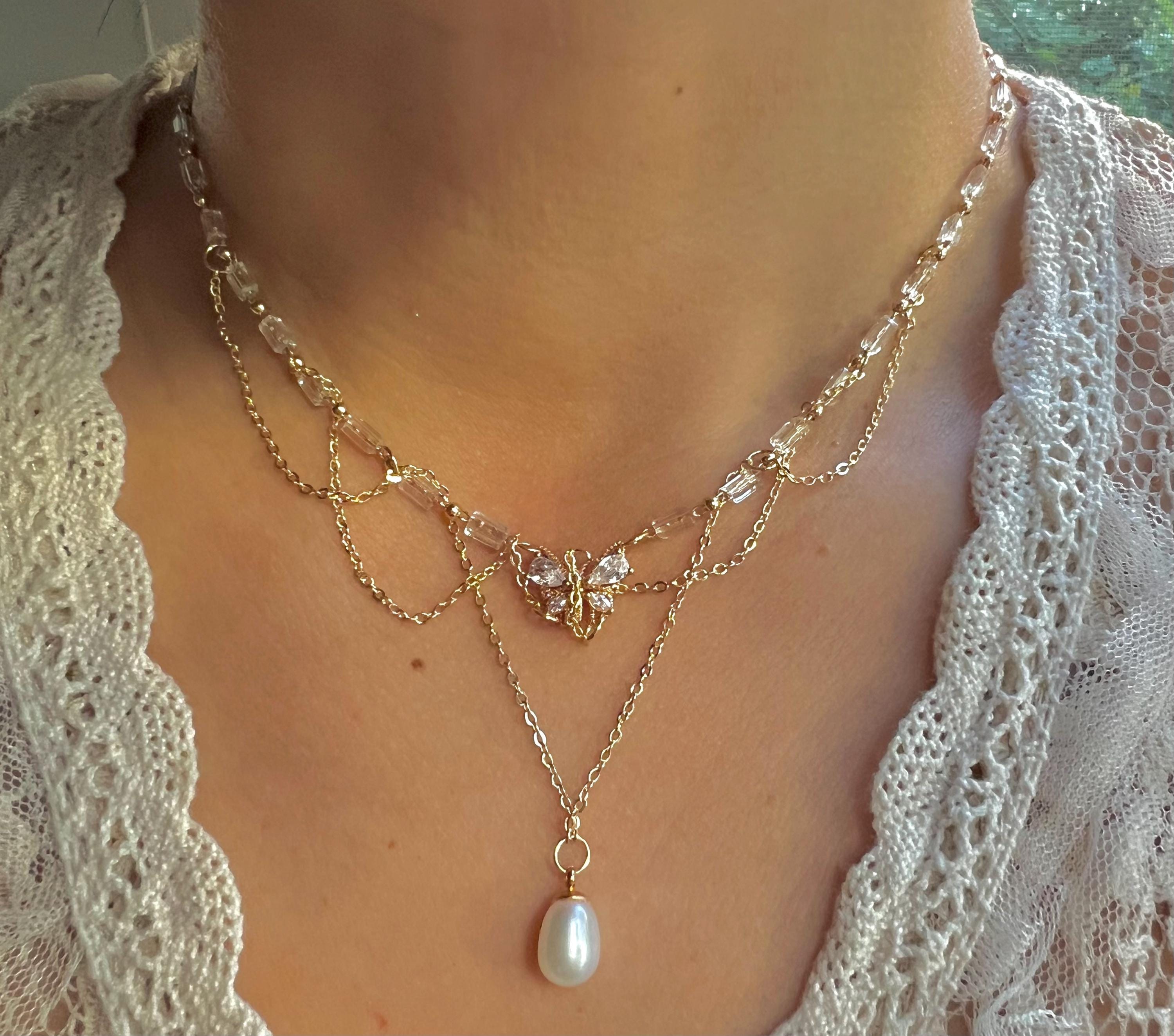 Vintage style freshwater pearl filigree necklace. Art nouveau necklace. Diamonds necklace. Victoria style necklace. Butterfly necklace.