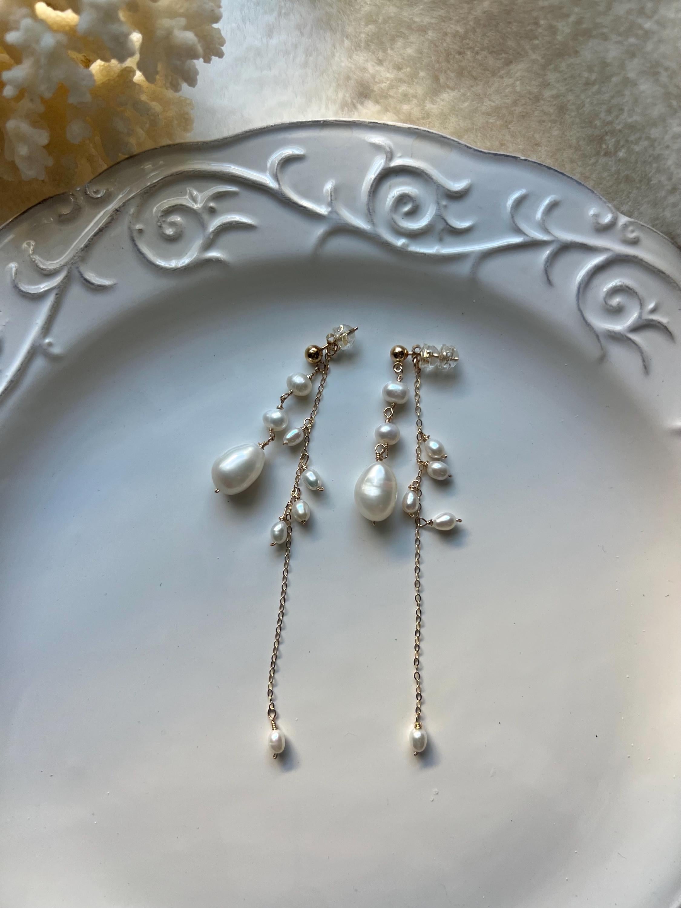 Freshwater baroque pearl clip on earring. No pain earring. Bridal pearl earring. Pearl double dangle earrings. No piercing.
