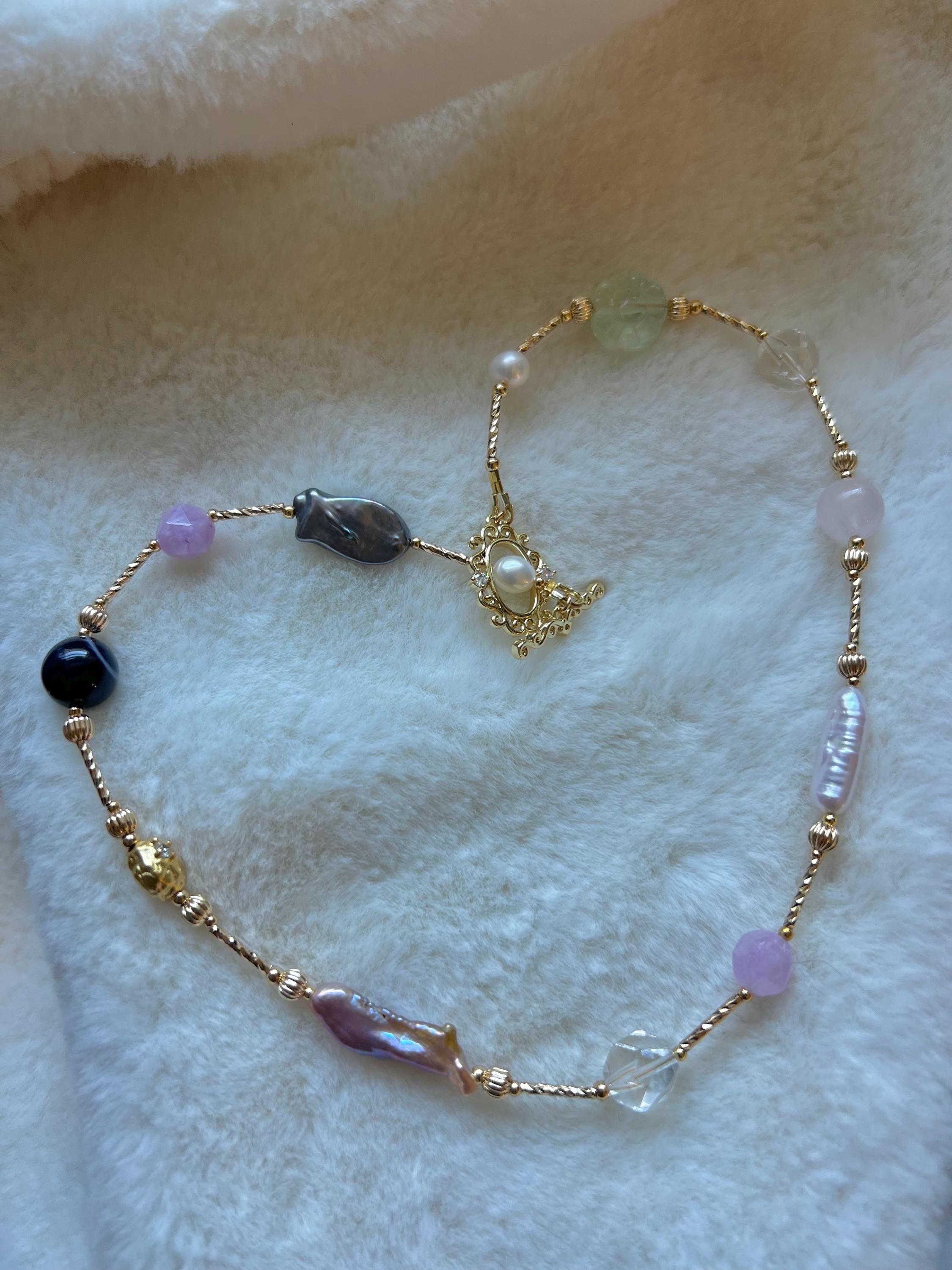 18K gold baroque pearl gemstone multicolored necklace. Candy statement necklace. Designed necklace. Adorable necklace.