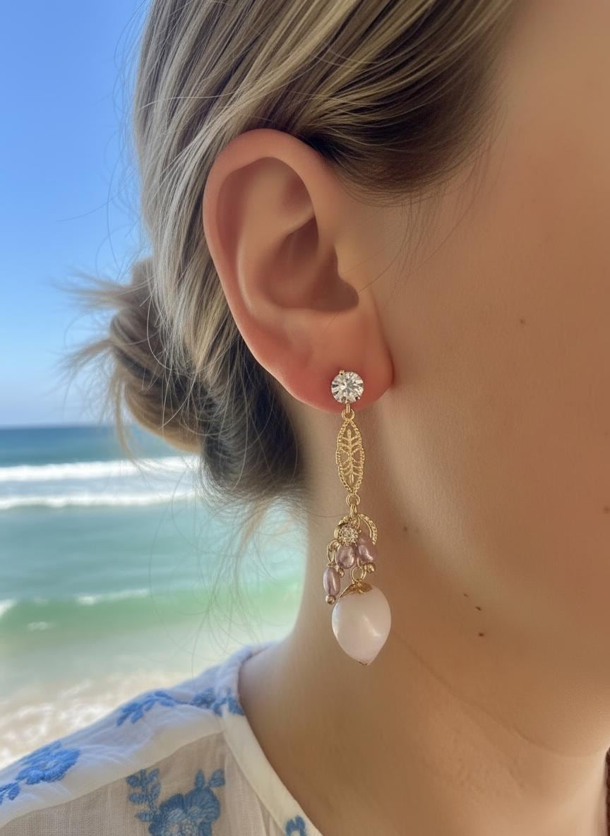 Vintage style wire wrapped Victorian dangle freshwater pearl shell earring. Elegant earrings. Dainty. Art Deco. Gift for her