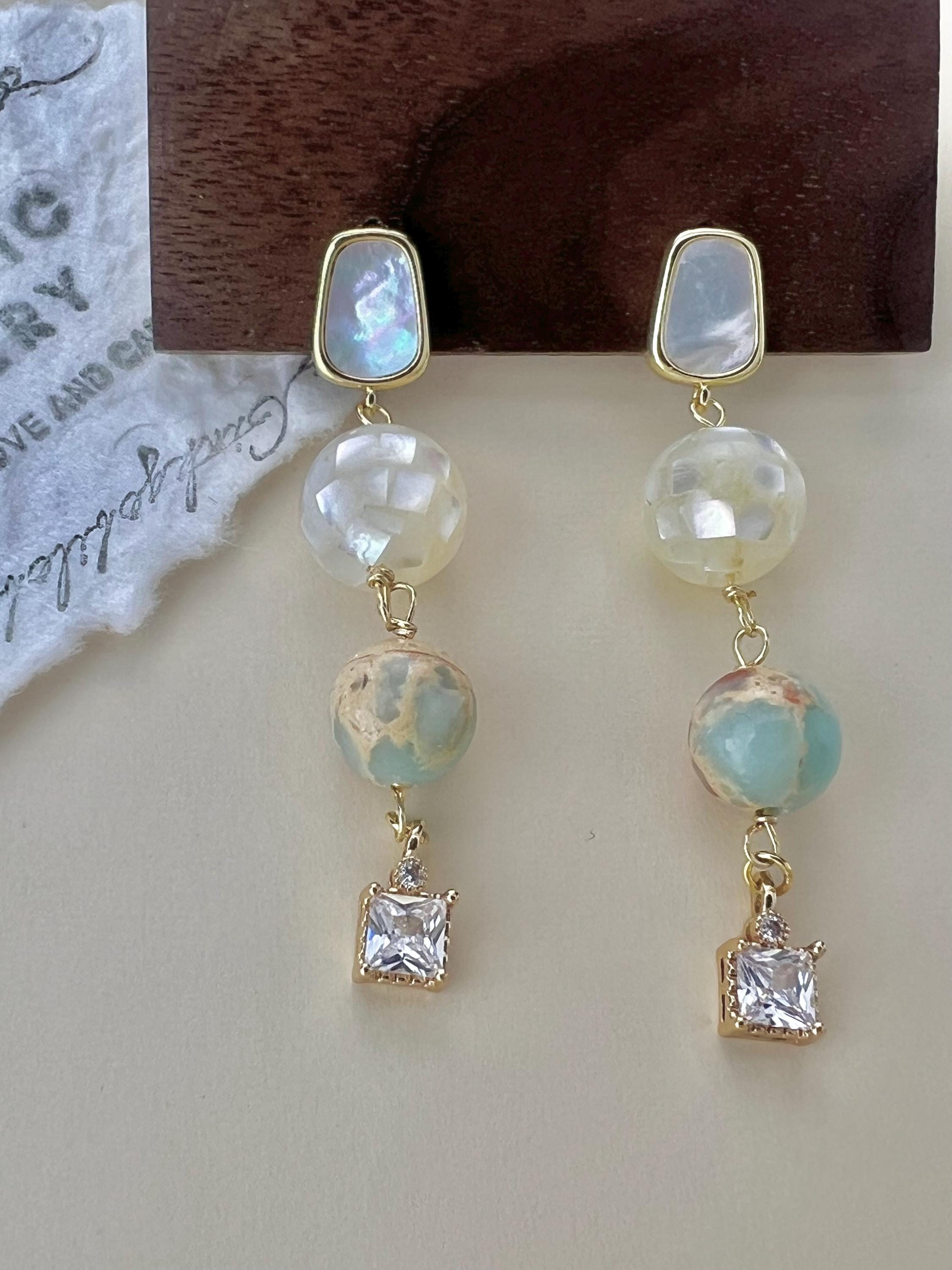Amazonite and Mother of Pearl Drop Earrings, Geometric MOP Dangle, Natural Blue Stone Jewelry, White Shell Mosaic Earrings, Gold Plated Boho