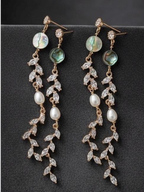 Freshwater pearl Art deco deco long crystal earrings. Diamond clip on earrings. Abalone shell earrings.